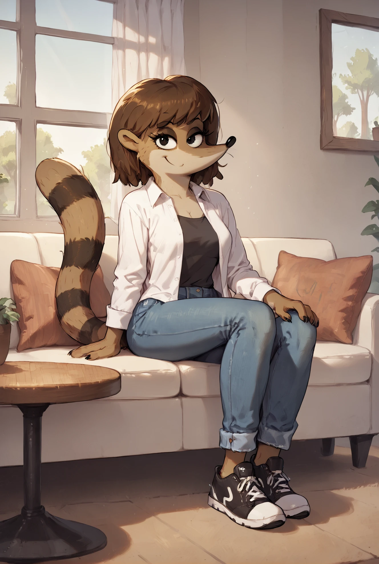 score_9, score_8_up, score_8,
<lora:Barbera_Regular_Show_for_PonyXL:0.8> 1girl, furry female, b4rber4, racoon, tail, solo, shirt, jeans, shoes, smile, looking at viewer,
sitting on couch, living room, window,