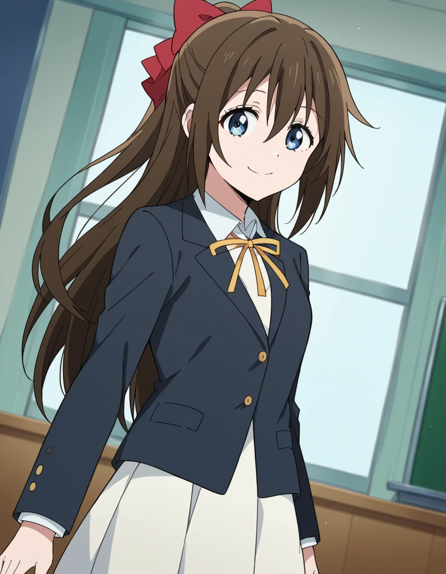 score_9, score_8_up, score_7_up, source_anime, <lora:shizuku-ousaka-s2-ponyxl-lora-nochekaiser:1>, shizuku ousaka, long hair, bangs, blue eyes, brown hair, bow, ribbon, hair between eyes, ponytail, hair bow, sidelocks, red bow, half updo,, skirt, long sleeves, school uniform, jacket, red ribbon, black jacket, blazer, nijigasaki academy school uniform, white skirt,, indoors, smile, looking at viewer, solo,, cowboy shot, dutch angle