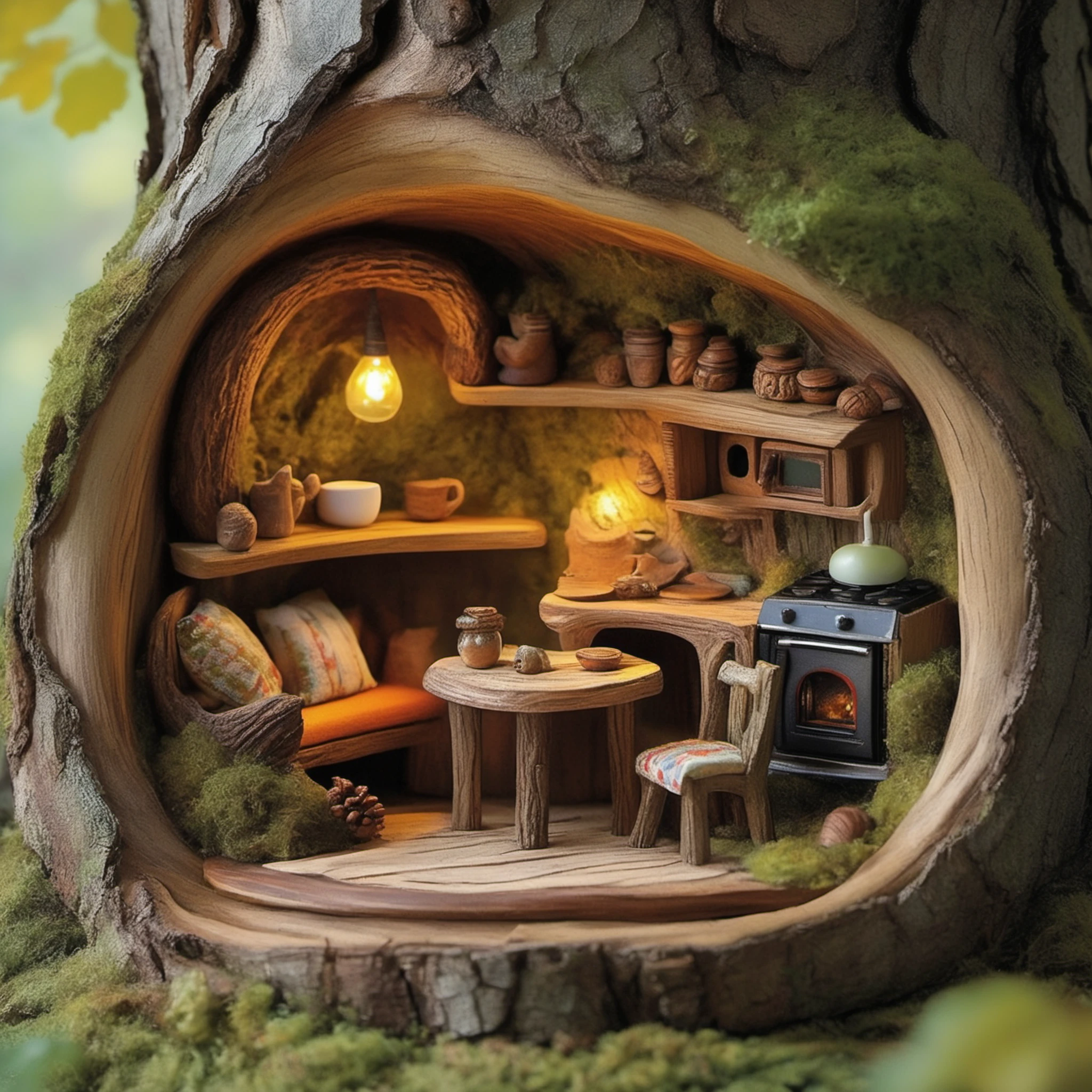 FRESHIDEAS The home of the squirrel A whimsical tree hollow home belonging to a squirrel,nestled high within the trunk of an ancient oak tree. Inside,the space is cozy and creatively furnished,blending natural elements with miniature,rustic furniture. A small wooden table and chairs **** from acorns and twigs sit in the center of the room. On one side,there's a tiny bed **** of soft moss and leaves,with a quilt crafted from colorful scraps of fabric. The walls are adorned with shelves carved directly into the wood,holding acorn cups,nuts,and tiny trinkets. In one corner,there's a tiny stove **** from a hollowed-out nut,complete with a small chimney that leads outside. A makeshift lamp,fashioned from a glowing firefly in a jar,sits on a tiny wooden nightstand. The squirrel's kitchen includes miniature appliances **** a tiny refrigerator crafted from a pinecone and a leaf-lined oven. The room is illuminated with warm,soft light filtering through a small,round window,offering a view of the surrounding forest. Outside,the tree is surrounded by lush greenery,with the entrance cleverly camouflaged by vines and leaves,