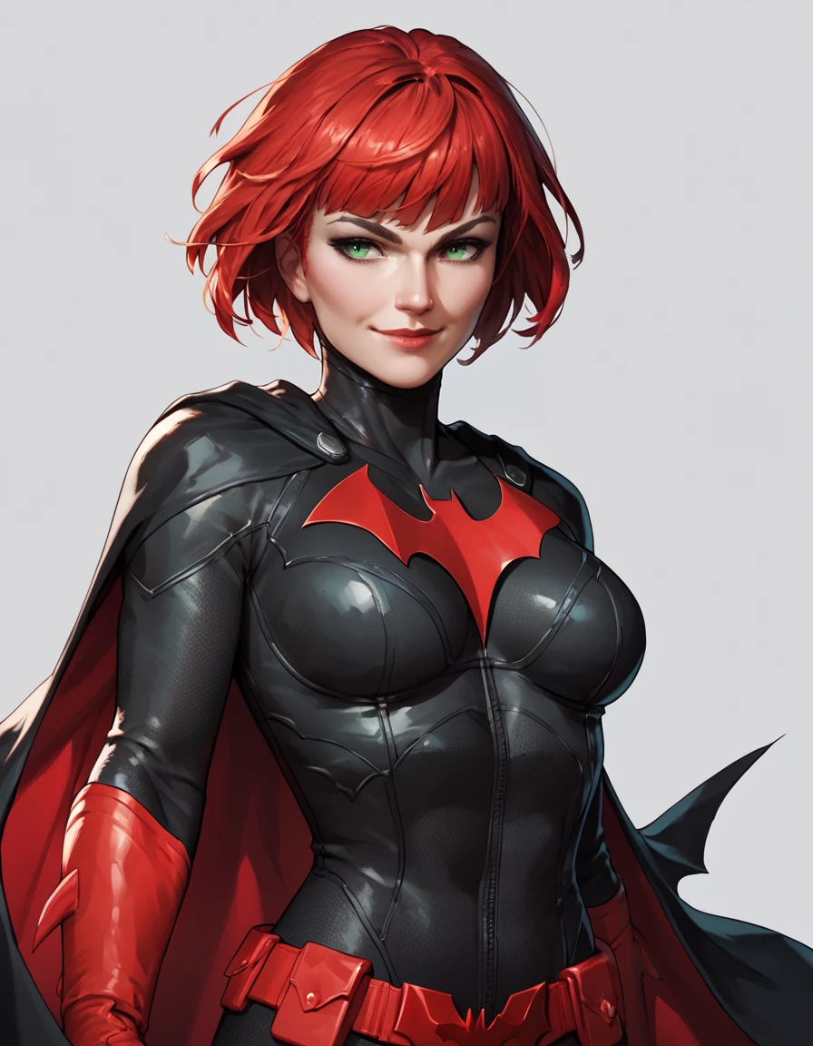 score_9, score_8_up, score_7_up, 
Batwoman, Kate Kane, breasts, pale skin, short hair, red hair, black bodysuit,  undmasked, green eyes, bat cape, red bat gloves, red belt, smile, upper body, simple background  <lora:Batwoman:0.65>