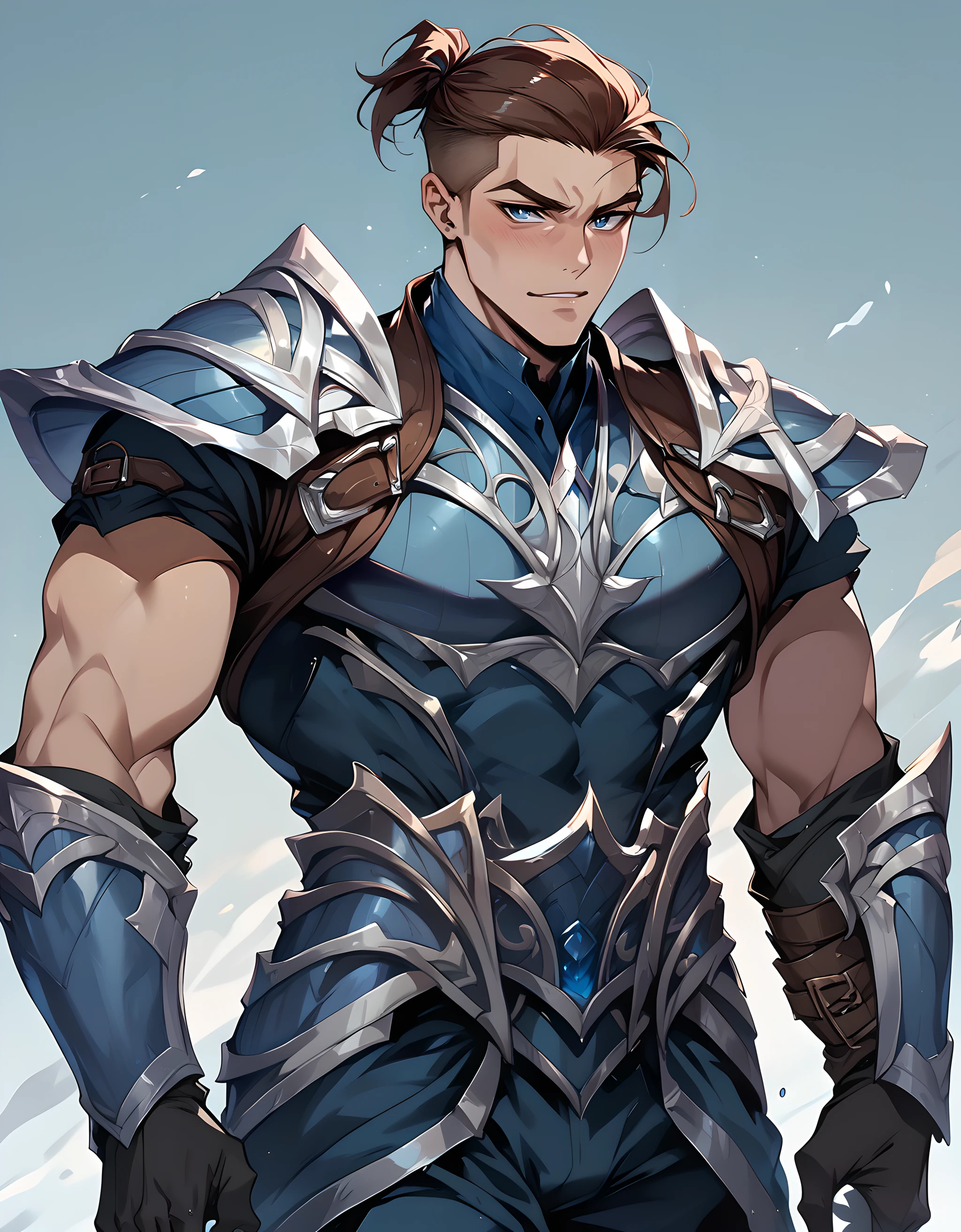 score_9, score_8, score_7, shen, <lora:Shen_def_v3:0.8>, sh3n, solo, 1boy, male focus, brown hair, short hair, short ponytail, blue eyes, zPDXL, cowboy shot, looking at viewer, muscular, vambraces, gloves, armor, shoulder armor, gauntlets, blue  pants, <lora:luv:1>