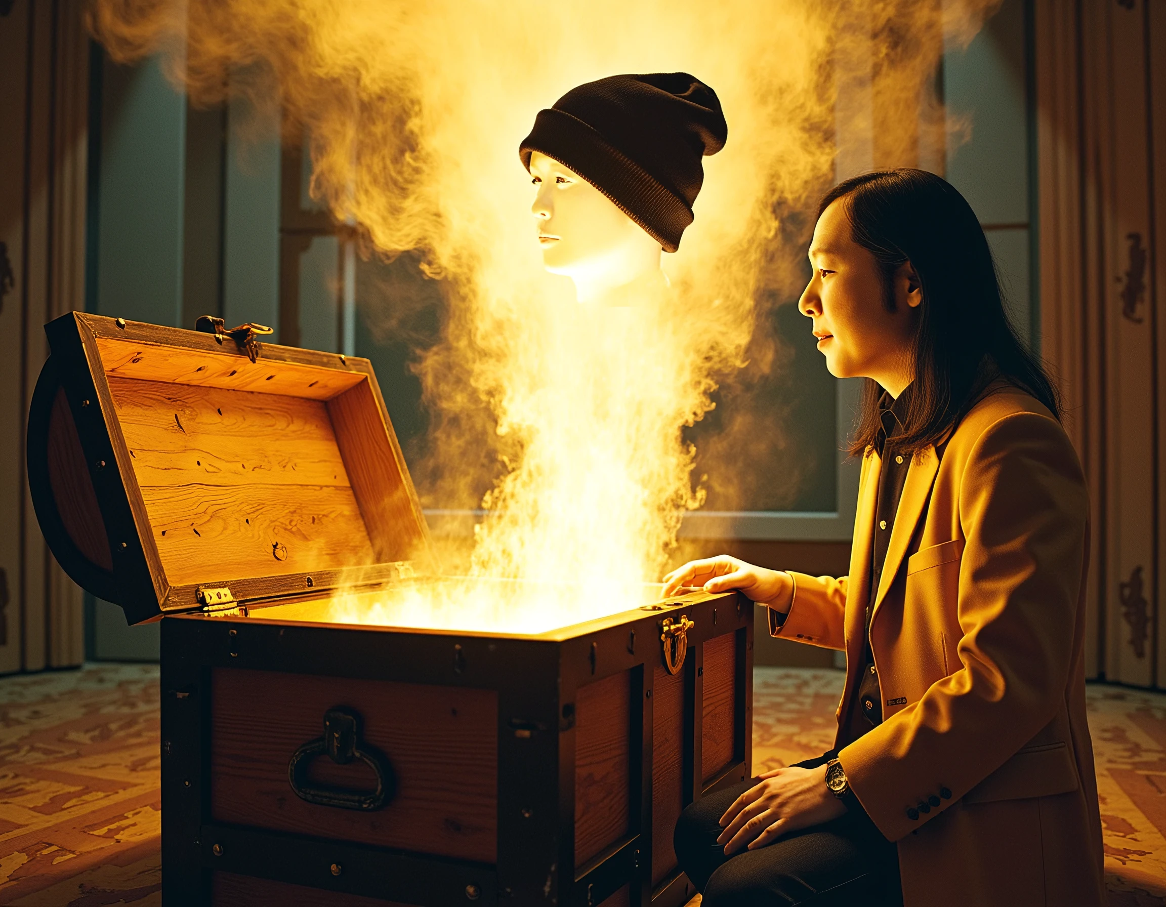 <lora:Tatsuro_Yamashita_FLUX:0.9> 30 year old Tatsuro Yamashita in a tan blazer with a full head of hair opens a treasure chest, a sacred knit cap is rising from the open chest in a beam of holy light, <lora:art_lora flux.safetensors_converted:0.7> art