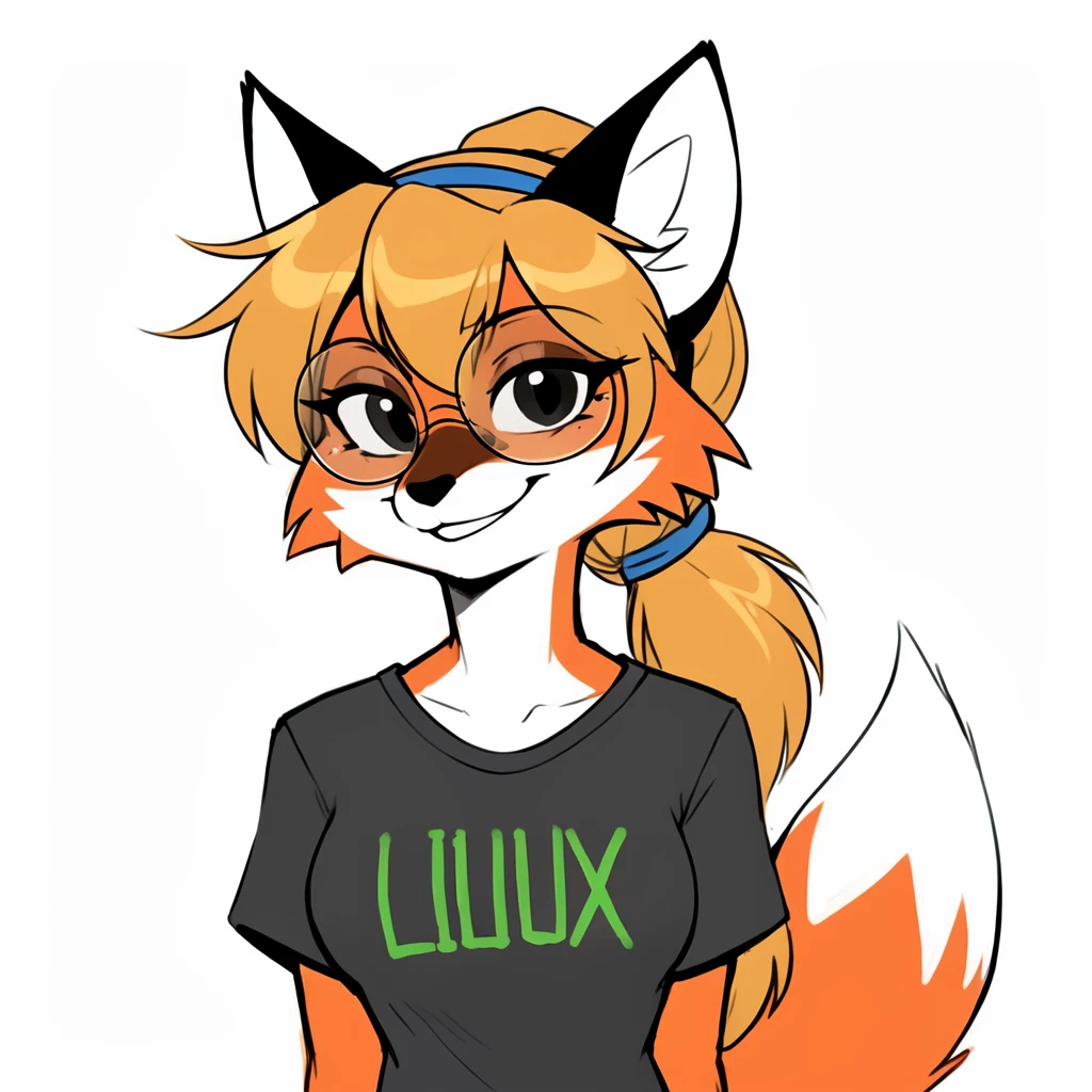 best quality, high quality, masterpiece, furry, xenia_linux_fox, female, red fox, fox girl, two-tone fur, dark yellow hair, long hair, ponytail hair, close up, portrait, smile, clothes, black t-shirt, title, green title, green "LINUX" title on t-shirt, text on shirt, short sleeves, black eyes, simple eyes, black glasses, round glasses, blue hairband, fox tail, white background, flat colors,  <lora:fluffyrock-quality-tags-v4:1>,  <lora:Xenia_Lunix_Fox_LoRA_v1.0:0.7>