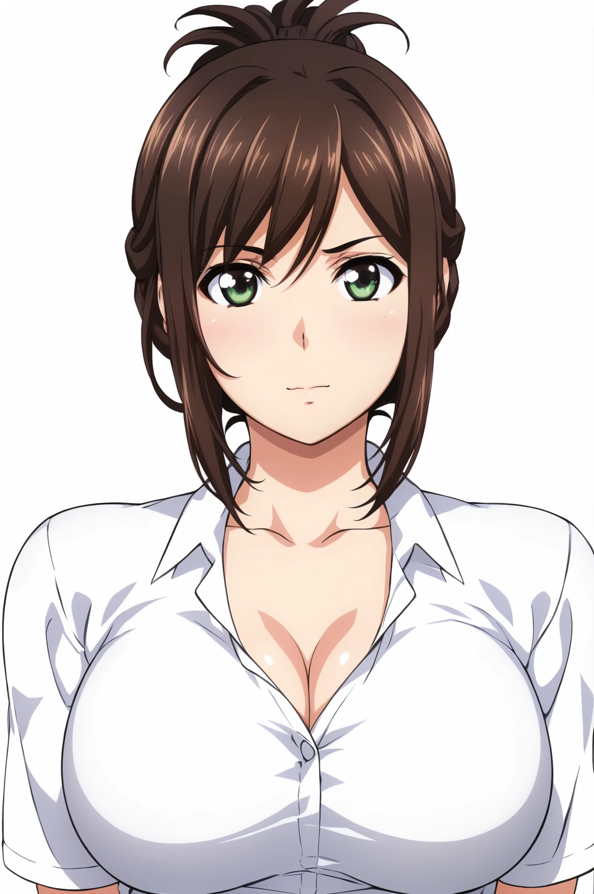 Simple Background,(White_Background:1.1),
dynamic pose,standing at attention,
white shirt, collarbone, cleavage, short sleeves,pencil skirt,  collared shirt, 
<lora:Kana_Kojima_Why-KK77-V1:0.7>,shirt tucked in, skirt,
Green eyes, brown hair,bangs,Short hair,folded ponytail, 
<lora:more_details:0.1>,<lora:NovelAI_YesMix5_KKStyle-KK77-Yes5-V1:0.3>,<lora:Oda_Non_Style2-KK77-Yes5-V1:0.3>,
1 girl, 20yo,Young female,Beautiful long legs,Beautiful body,
Beautiful Nose,Beautiful character design, perfect eyes, perfect face,expressive eyes,perfect balance,
looking at viewer,(Focus on her face),closed mouth, (innocent_big_eyes:1.0),(Light_Smile:0.3),
official art,extremely detailed CG unity 8k wallpaper, perfect lighting,Colorful, Bright_Front_face_Lighting,White skin,
(masterpiece:1.0),(best_quality:1.0), ultra high res,4K,ultra-detailed,
photography, 8K, HDR, highres, absurdres:1.2, Kodak portra 400, film grain, blurry background, bokeh:1.2, lens flare, (vibrant_color:1.2),professional photograph,
(Beautiful,large_Breasts:1.4), (beautiful_face:1.5),(narrow_waist),