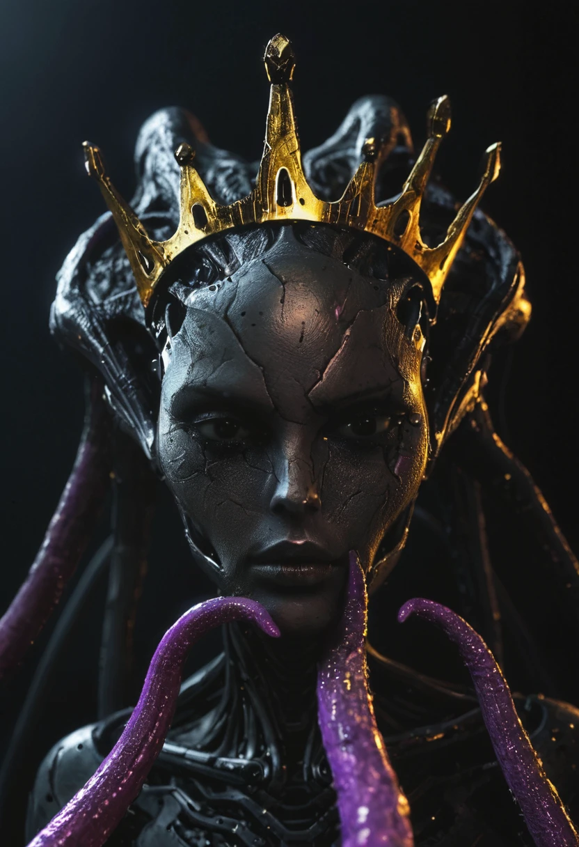 cybernetic body,made out of black mate steel ,golden cracks , black eyes,f ocused lighting, crown  on head, dark background, two tone light, yelow and purple glow,  vibrabt colors, close up, portret ,  (alien:1.1) woman quin  looking creature, tentacles coming out of head