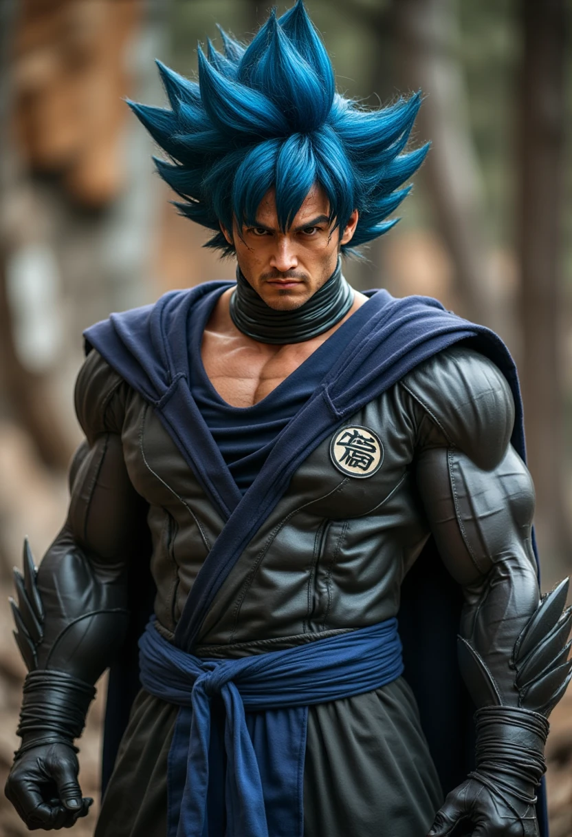 Goku as Batman Super Saiyan God, very long blue hair, sexy obsidian armor, intricate, elegant, very detailed <lora:Characters - Goku (goku):1>,goku
