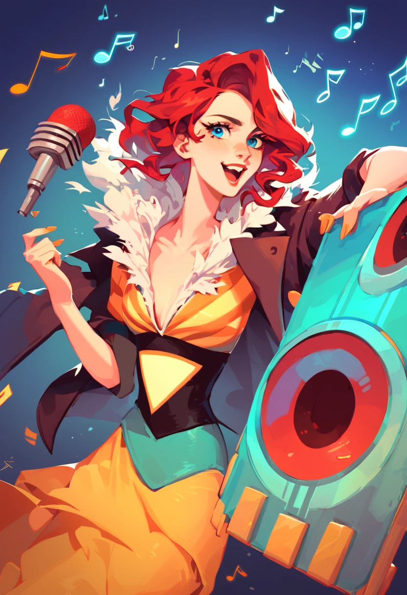 score_9, score_8_up, score_7_up, best quality, highres, Red, transistor, singing, stage microphone, blue eyes, music notes, 1girl, dress, jacket, extended hand, perfecteyes, simple background, looking at viewer, dark ambience, <lora:Red_Transistor:1>, <lora:PerfectEyesXL:0.8>