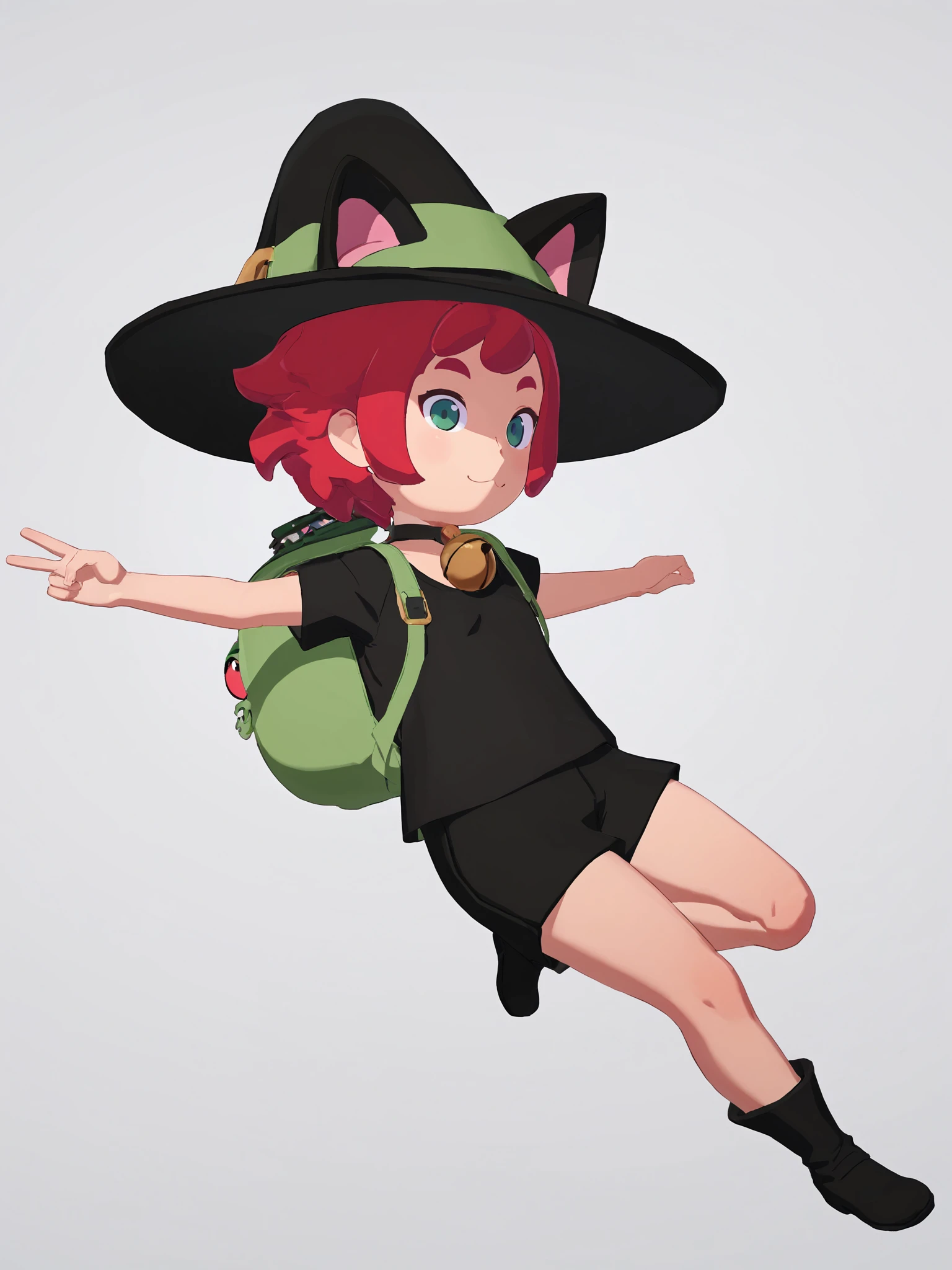 score_9, score_8_up, score_7_up, score_6_up, BREAK white background, <lora:Mika_TheWitch_PDXLv0.1:0.6> mika, outfit3, 1girl, red hair, green eyes, black witch hat, cat ears, black shorts, black shirt, neck bell, black footwear, full body, v:1.2, jumping, frog backpack, green backpack straps