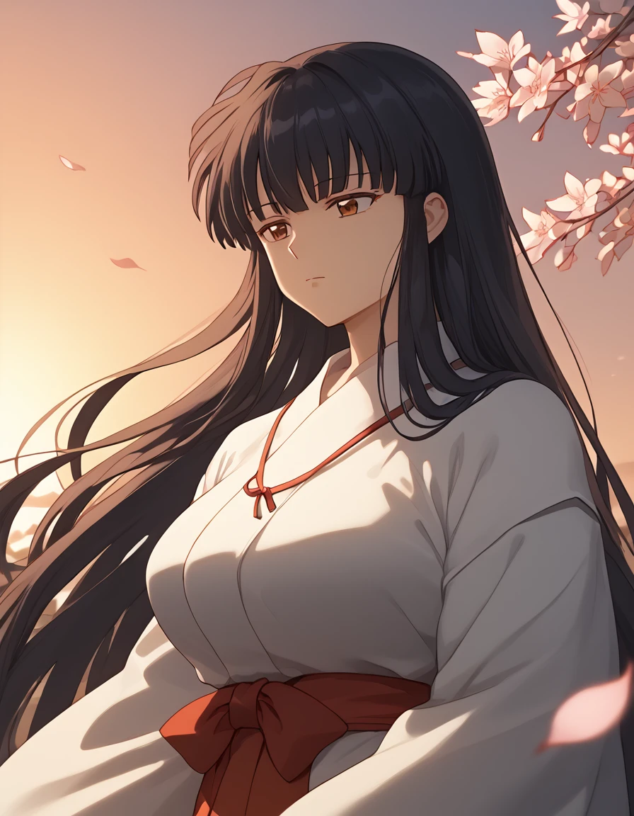 score_9, score_8_up, score_7_up, source_anime,kikyou,1girl,black hair, long hair, large breasts,  <lora:kikyou pony:1>,long sleeves, 
BREAK
hair down, red hakama,miko,(dutch angle:1.2),  (floating hair:1.2), petals, light particles, cowboy shot, depth,bored, expressionless, sunlight,(spider lily:1.2), sunset,orange and red theme, looking at viewer, backlighting,  (quarter front view:1.5),outdoors,