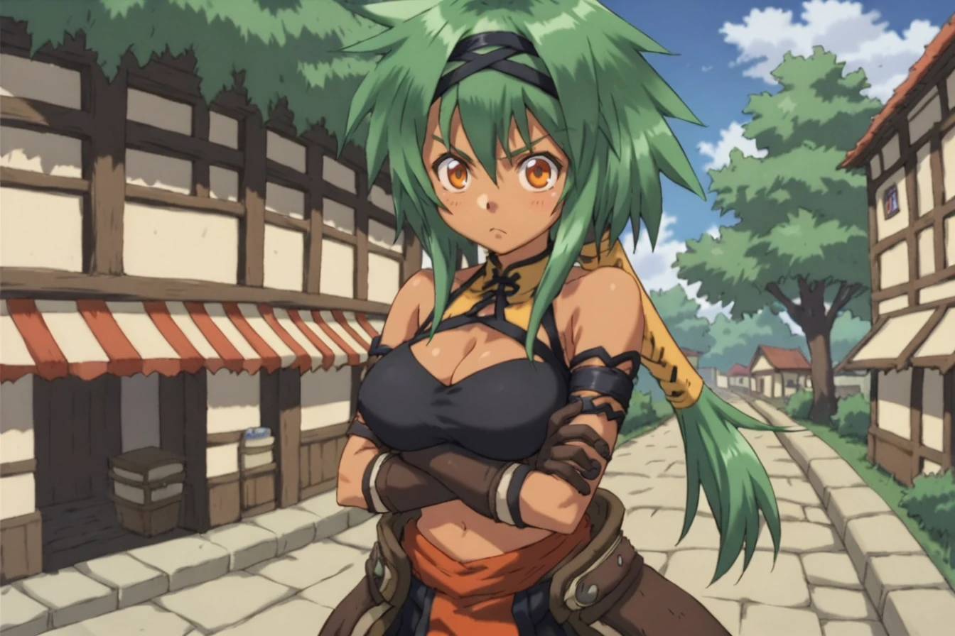 (score_9, score_8_up, score_7_up, score_6_up), source anime, BREAK, <lora:Kylier:0.75> , kylierdef, 1girl, dark skin, green hair, low-tied long hair, long hair, orange eyes, bare shoulders, black tube top, midriff, brown skirt, red pelvic curtain, black leggings, gloves, boots, large breasts, cleavage, looking at viewer, (solo), standing, tilted head, crossed arms, shouting, cowboy shot, <lora:zy_Detailed_Backgrounds_v1:0.5> , detailed background, highly detailed, outdoors, village, exterior, monstadt,  <lora:1nuXLP:0.7> , 1nu,