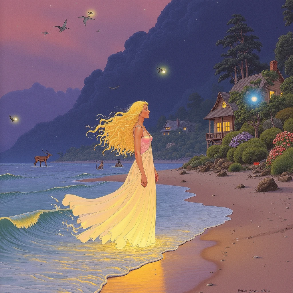 In style of Moebius.

Mystical, surreal scene on a secluded beach in a small, enchanted rural town. The beach, bathed in the soft, ethereal light of a golden hour, seems almost otherworldly, with sand that shimmers in hues of gold and silver. The waves gently glow with an iridescent light as they roll onto the shore, creating a mesmerizing dance of colors.

A woman with long, flowing blonde hair stands at the water's edge. Her hair seems almost alive, subtly glowing with a faint, golden aura as it flows gracefully in the soft, magical breeze. She is wearing a diaphanous gown that appears to be woven from light itself, with delicate, flowing fabric that shifts in color from soft pastels to deep, rich shades as it catches the light.

The small rural town in the background is not ordinary; it has an ancient, mystical charm, with cottages that seem to be part of the landscape, their roofs covered in lush, green moss and their walls intertwined with flowering vines that bloom in impossible colors. A few of the buildings are faintly illuminated by glowing orbs that float nearby, adding to the town's magical aura.

In the distance, strange, ethereal creatures, like translucent deer or glowing birds, can be seen moving through the mist that rolls off the hills. The sky is a dreamlike blend of purples, pinks, and blues, with stars faintly visible even though it is not yet night. The scene feels like a moment caught between worlds, where the boundary between reality and fantasy is thin, and the woman herself seems to be a part of this mystical realm, connected deeply to the magical energy that permeates the entire landscape.