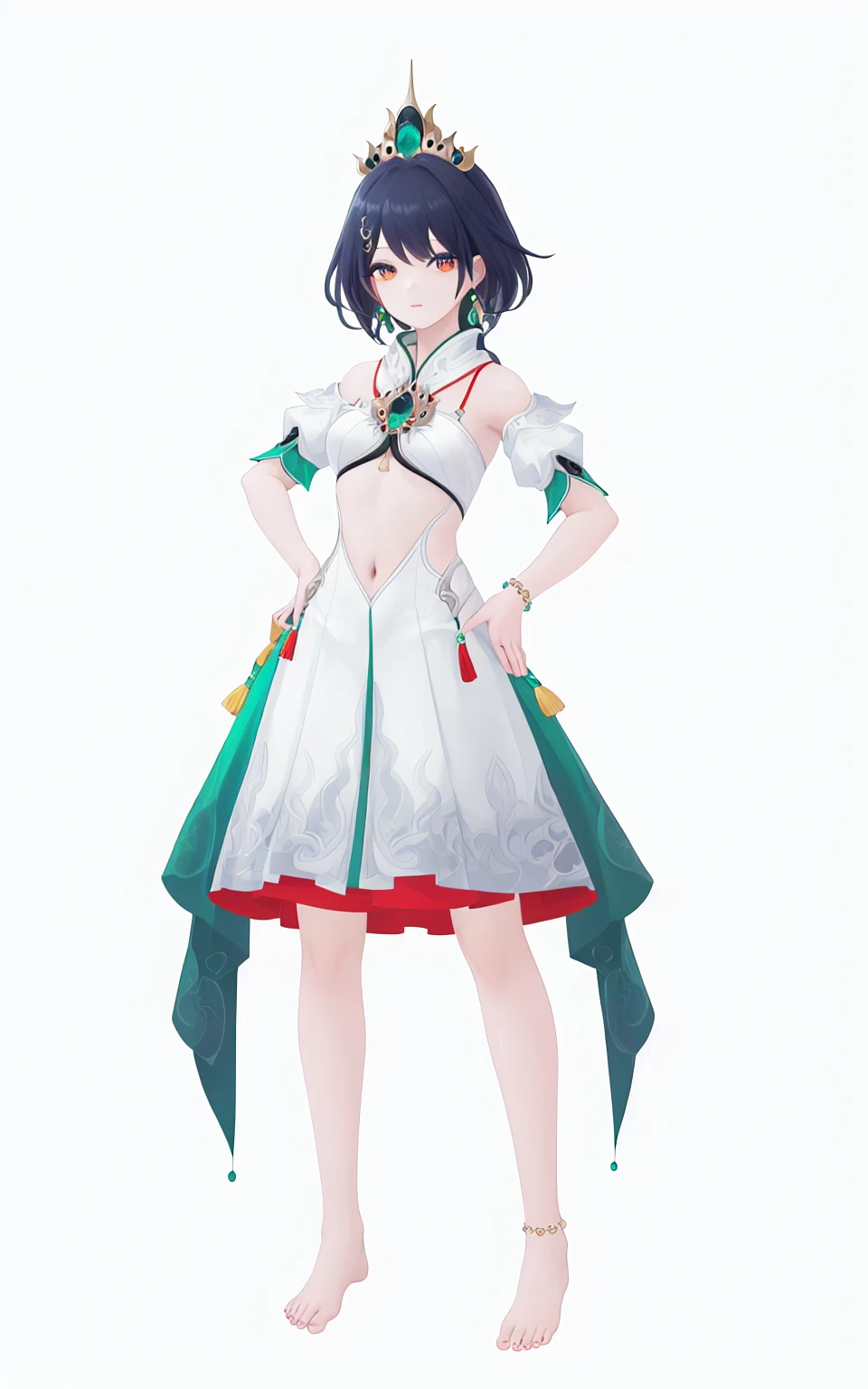 8k, best quality, masterpiece, (ultra-detailed), (high detailed skin), (white background:1.3),
(full body:1.25), (white background), standing, looking at viewer, (solo:1.3), hands on hips, completely white background,
<lora:yunli-sd-Tanger-000019:0.9>, yunli, default clothes, 1girl, solo, barefoot, dress, jewelry, navel,
(beautiful_face), ((intricate_detail)), clear face,
((finely_detailed)), fine_fabric_emphasis,
((glossy)), full_shot,