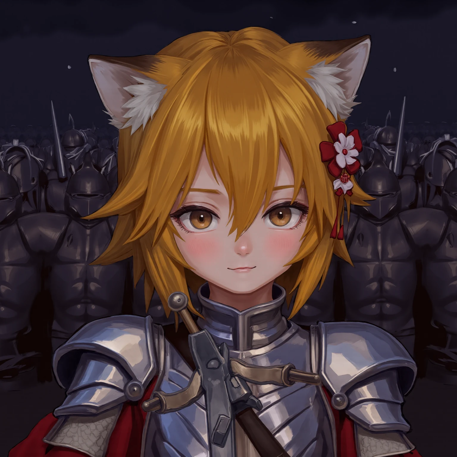 This image is a digital drawing in an anime style, featuring a young girl with fox-like characteristics.The character has short, tousled, golden-yellow hair with fox ears on top of their head, adorned with white fur inside. She have large, expressive brown eyes with a playful smile, revealing a small, sharp canine tooth. Her cheeks are slightly flushed, adding a sense of warmth and friendliness to their expression. A small, red flower with white petals is attached to her hair on the right side, adding a touch of color and detail.
She wears medieval armor and holding a large sword in her hands. She is serious. There are a lof of muscular solders behind her. It is dark scene of night medieval city.
 <lora:fkey_flux_v2-5000:1> <lora:senko_flux_v1:1>