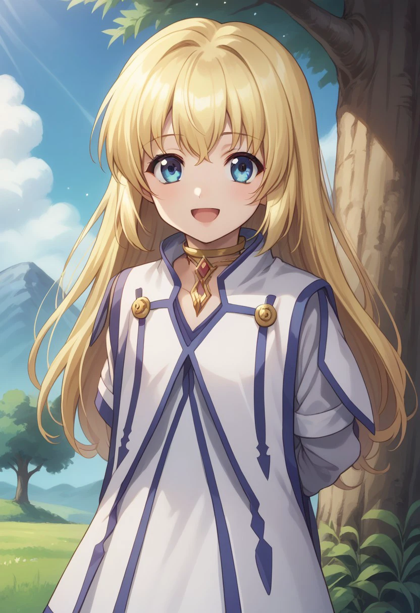 score_9, score_8_up, score_7_up, source_anime, highly detailed, 
colette, 1girl, solo, long hair, blonde hair, blue eyes, pantyhose, smile, open mouth,
boots, arms behind back, black pantyhose, dress, choker, looking at viewer, :d, upper body,
outdoor, sky, tree