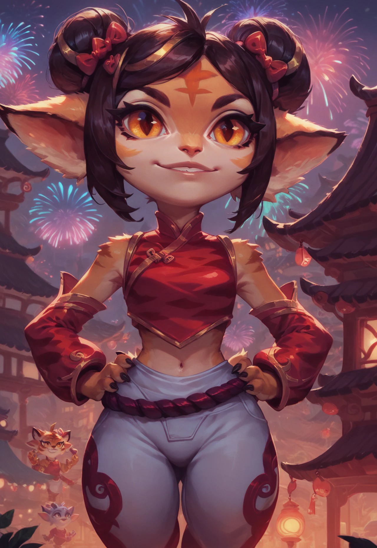 score_9, score_8_up, score_7_up, ultra quality, 1girl, fctristana, yordle, shortstack, tiger girl, brown hair, hair buns, sidelocks, orange eyes, cowboy shot, chinese clothes, detached sleeves, hands on hips, pants, rope belt, looking at viewer, festival, chinese architecture, fireworks