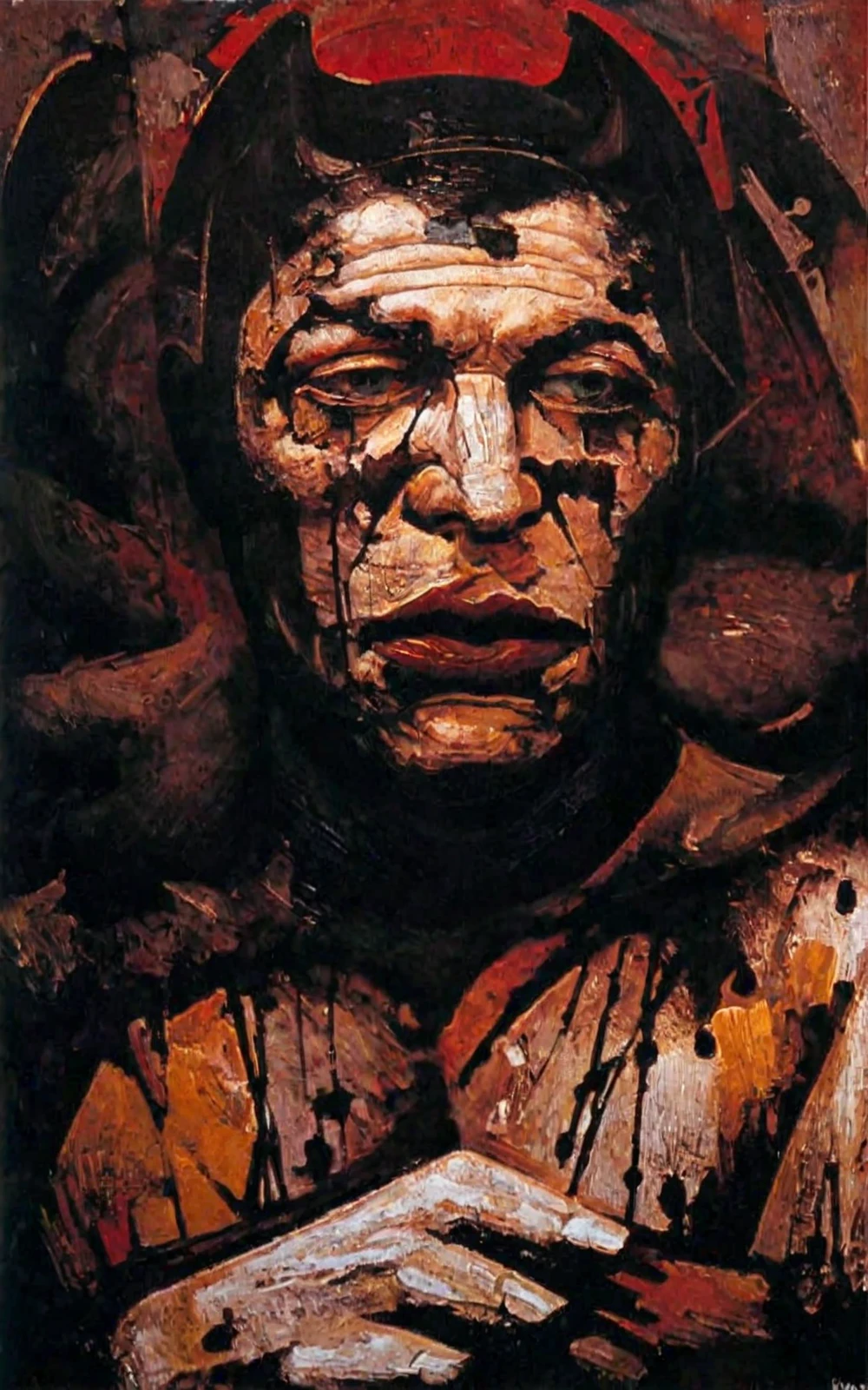 expressionism \(style\),symbolic painting \(genre\) ,<lora:david-alfaro-siqueiros_pony_v1:1> ' batman ' by Siqueiros David Alfaro in 1944,, score_9, score_6_up, score_7_up