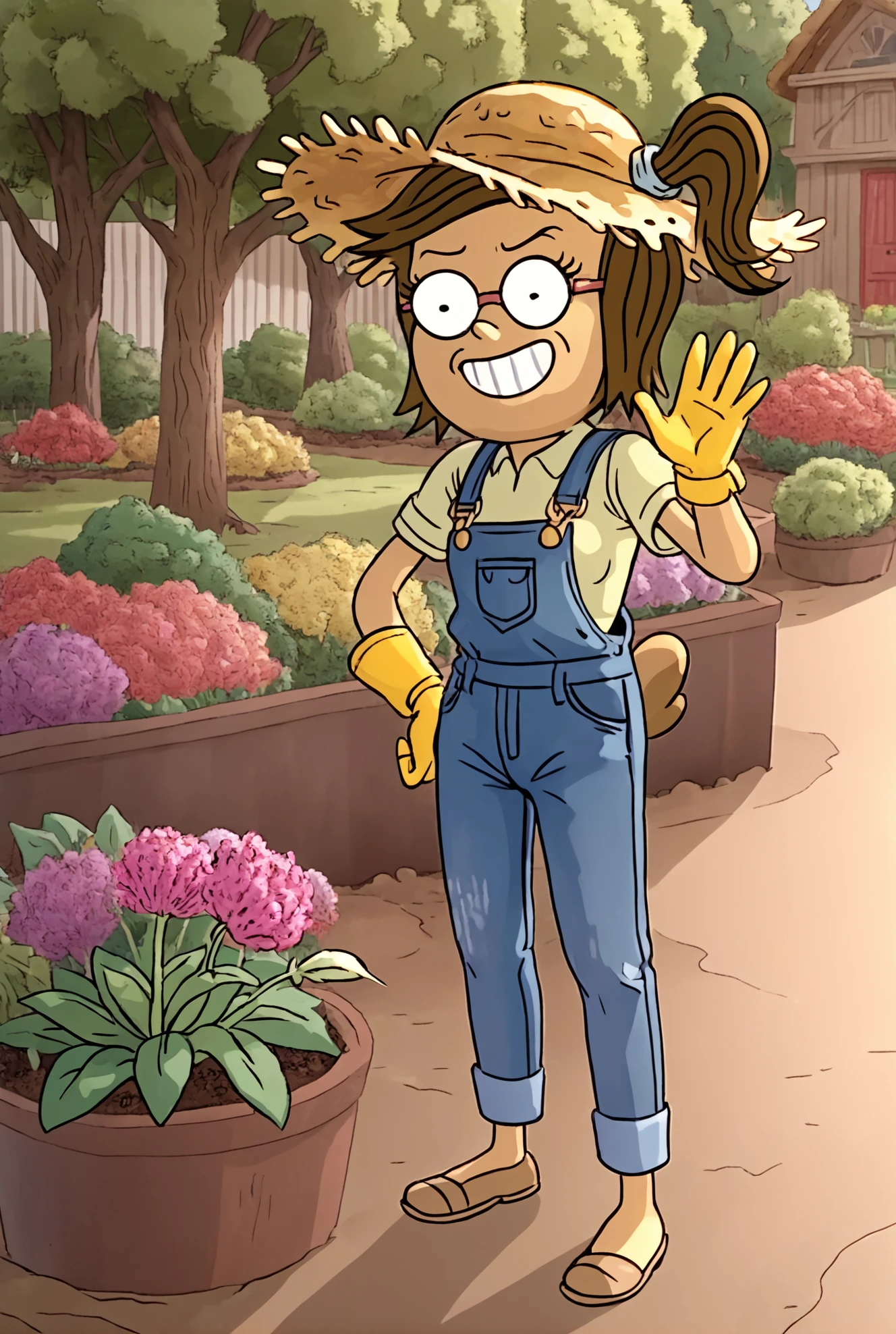 score_9, score_8_up, score_8,
<lora:Eileen_Roberts_Regular_Show_for_PonyXL:0.8> 1girl, furry female, eil33n, brown hair, glasses, side ponytail, tail, 
parody, source_cartoon,
straw hat, overalls, garden, gardening, grin, waving, yellow gloves,