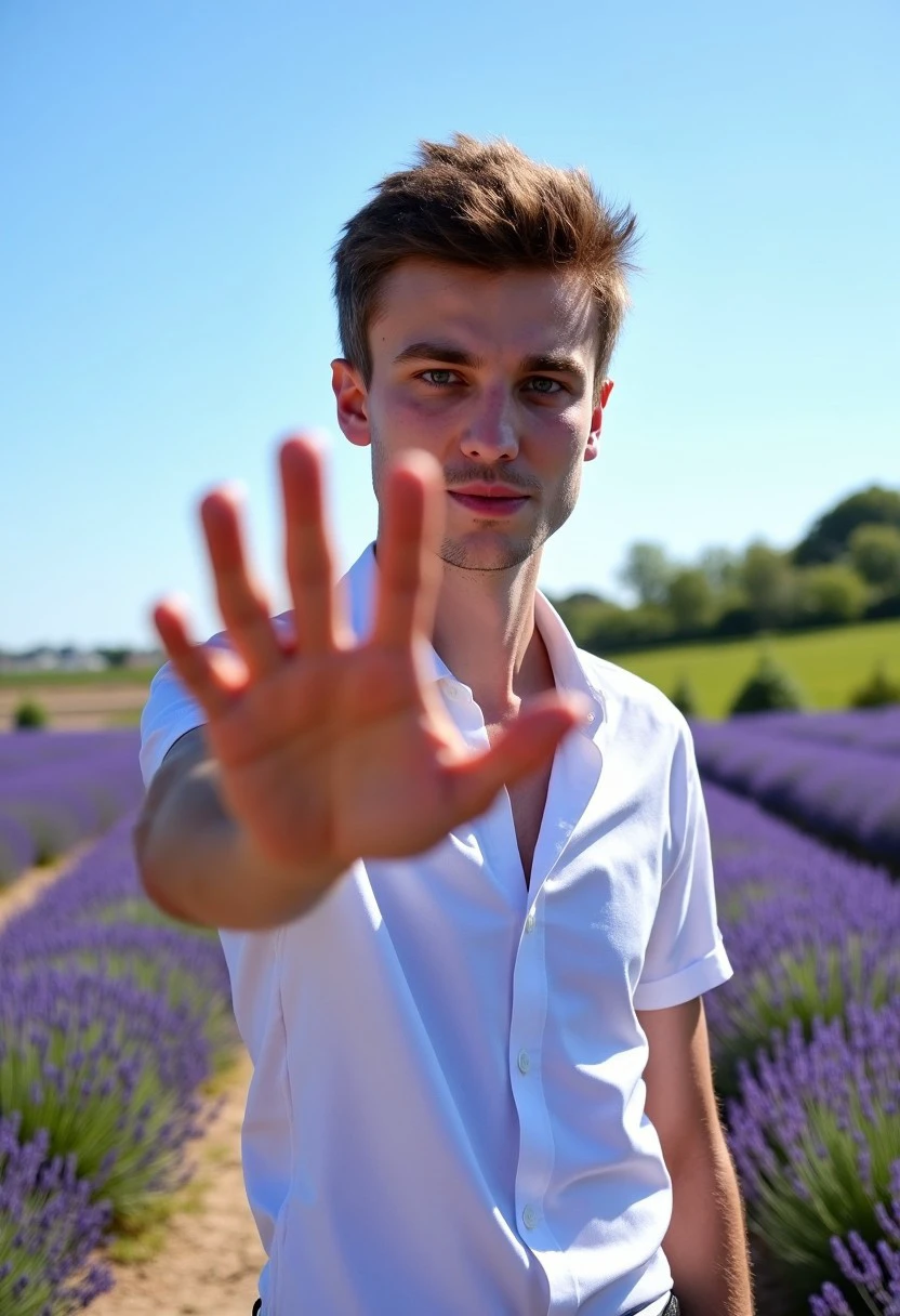 (leon, 21 yo male model, athletic) Standing in a field of lavender, bright blue sky, scene from Provence. The sun shines on his face. He is reaching out to kiss the viewer. Casual clothes. Detailed background. Close up view, portrait.