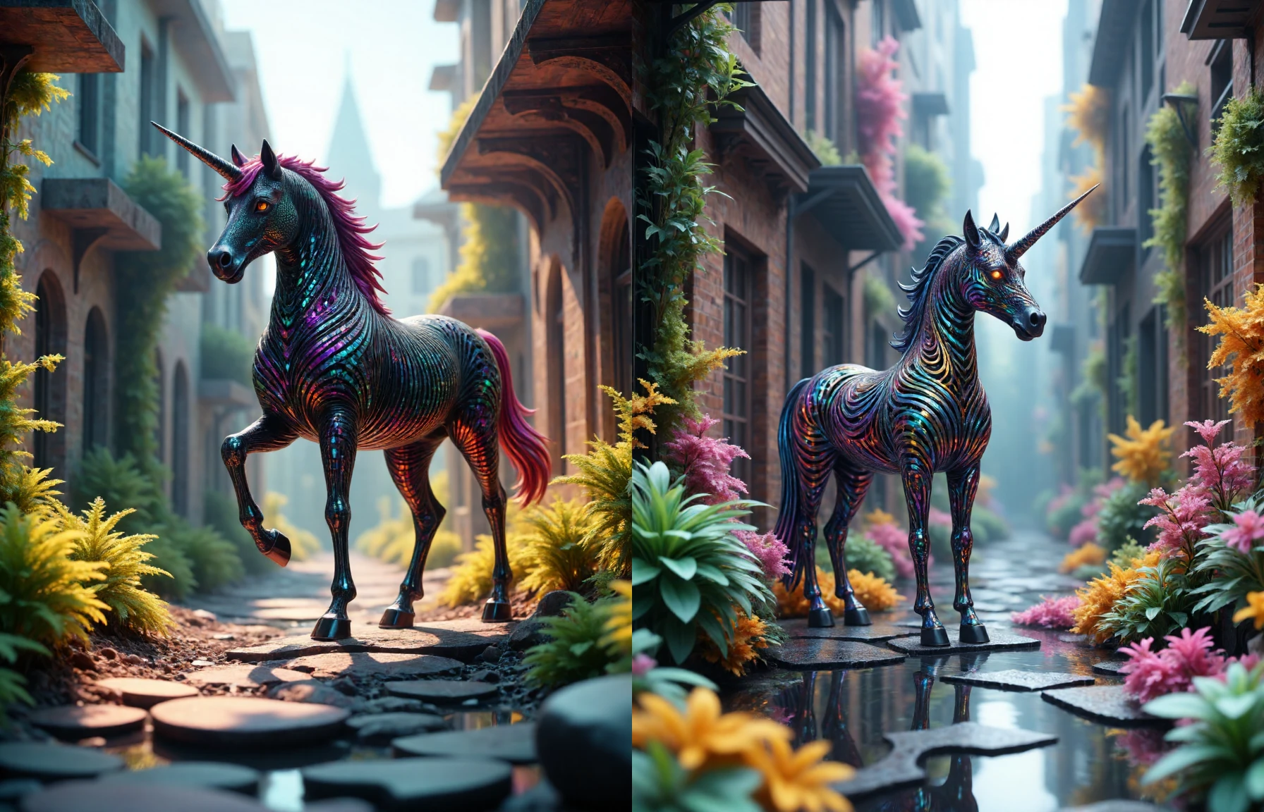 A (3D geometrically printed figurine) of a mystical unicorn, made out of fractangles, her eyes glowing with magic and energy as she navigates the treacherous alleys. In-game lighting enhances dynamic movement from scene to spot on rendered landscape concept while retaining allure through its intricate detail casting detailed magical imagery upon every corner pathfinder's gaze in an immersive 4K, Postapocalyptic, overgrown with plant life and ivy, artgerm, yoshitaka amano, 8k, octane render, unreal engine <lora:Fractangles - Flux_epoch_20:1>