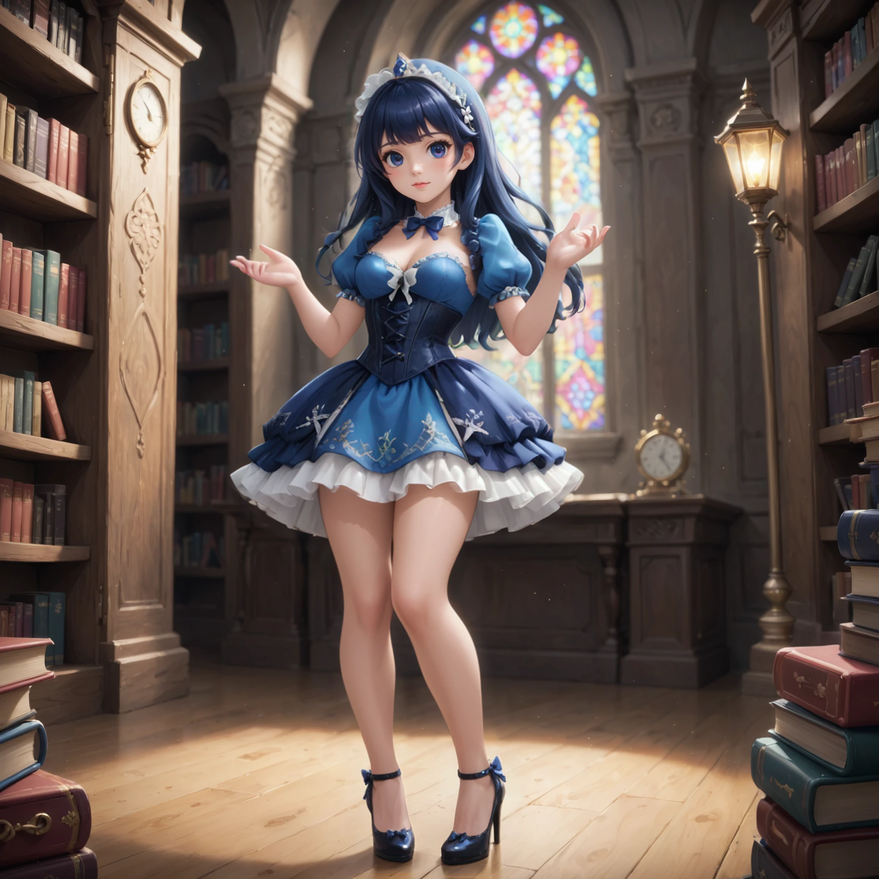 1girl (full body), cute girl, (dynamic pose:1.2)
wearing a dark blue and bronze sweetegl dress with a (very full short skirt) and (extremely tight bodice corset)
wearing (pretty cute heels)
(gazing around) a massive fantasy library
lit by magical flames, soft mystical lighting
<lora:sweetlolitaXLv5.1:0.8>