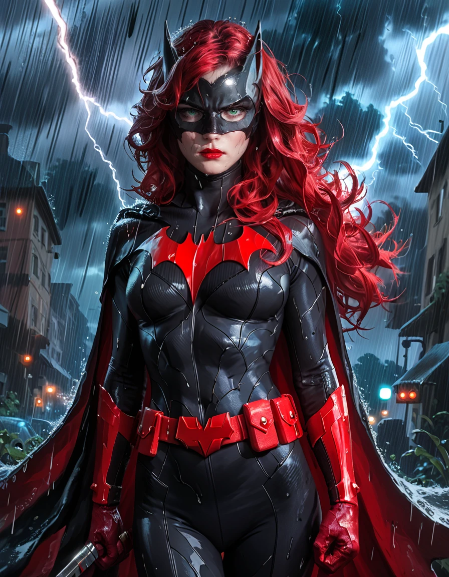 cinematic film still score_9, score_8_up, score_7_up, dramatic lighting, (realistic:1.3),
Batwoman, breasts, pale skin, long hair, red hair, black bodysuit, lipstick, mask, green eyes, bat cape, red bat gloves, red belt, rain, storm, lightning, action scene, <lora:Batwoman:0.65>