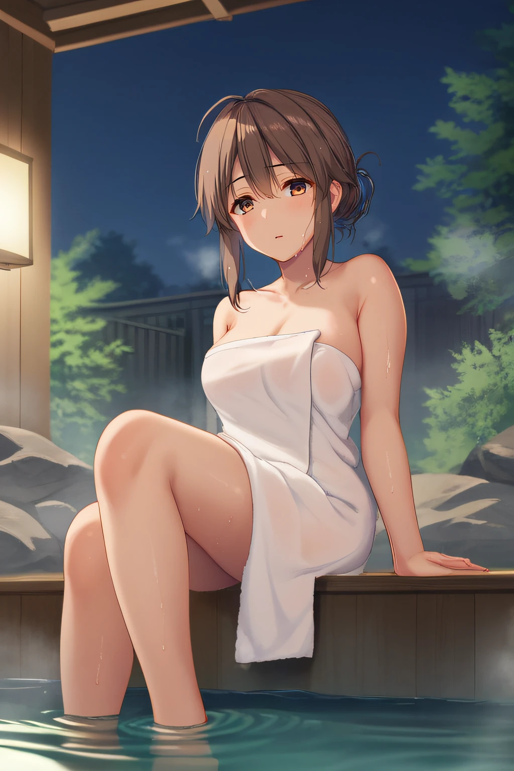 1girl, solo, breasts, looking at viewer, blush, short hair, bangs, blue eyes, brown hair, sitting, closed mouth, sky, barefoot, water, feet, wet, toes, night, towel, covering, night sky, knees up, partially submerged, onsen