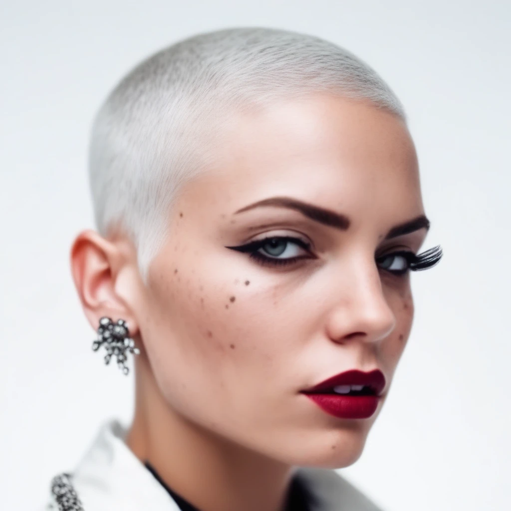 very short hair, jewelry, white hair, lipstick, shirt, eyelashes, freckles, buzz cut, earrings, male focus, white background, jacket, piercing