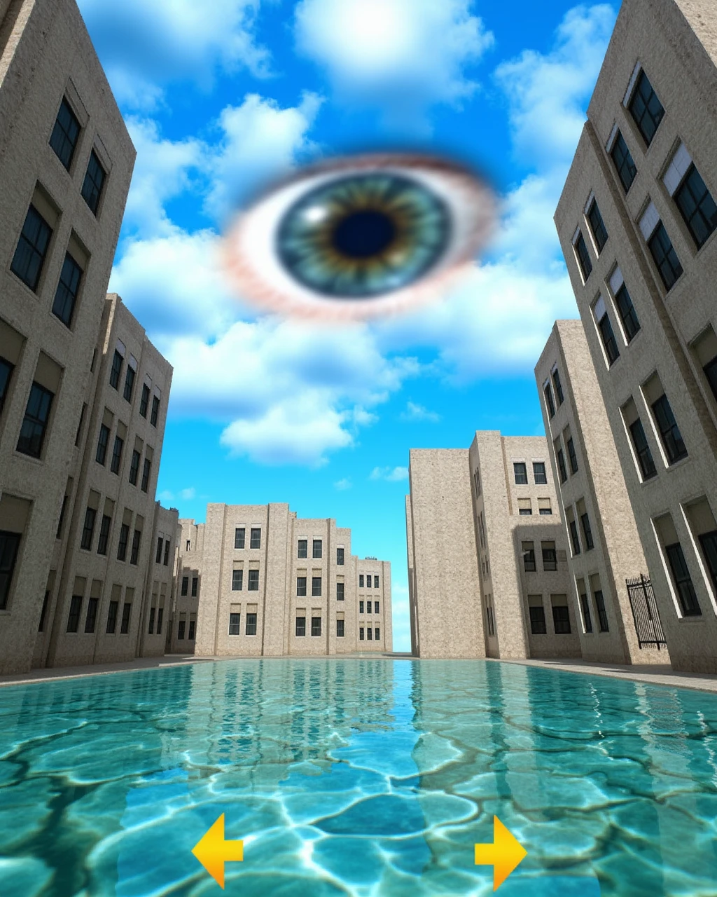 WRDCR photo, surreal urban landscape, distorted perspective, overlaid with transparent water, giant eye in sky, bright blue sky with wispy clouds, yellow arrow symbols pointing downward, concrete buildings with rebar exposed, reflections in glass windows