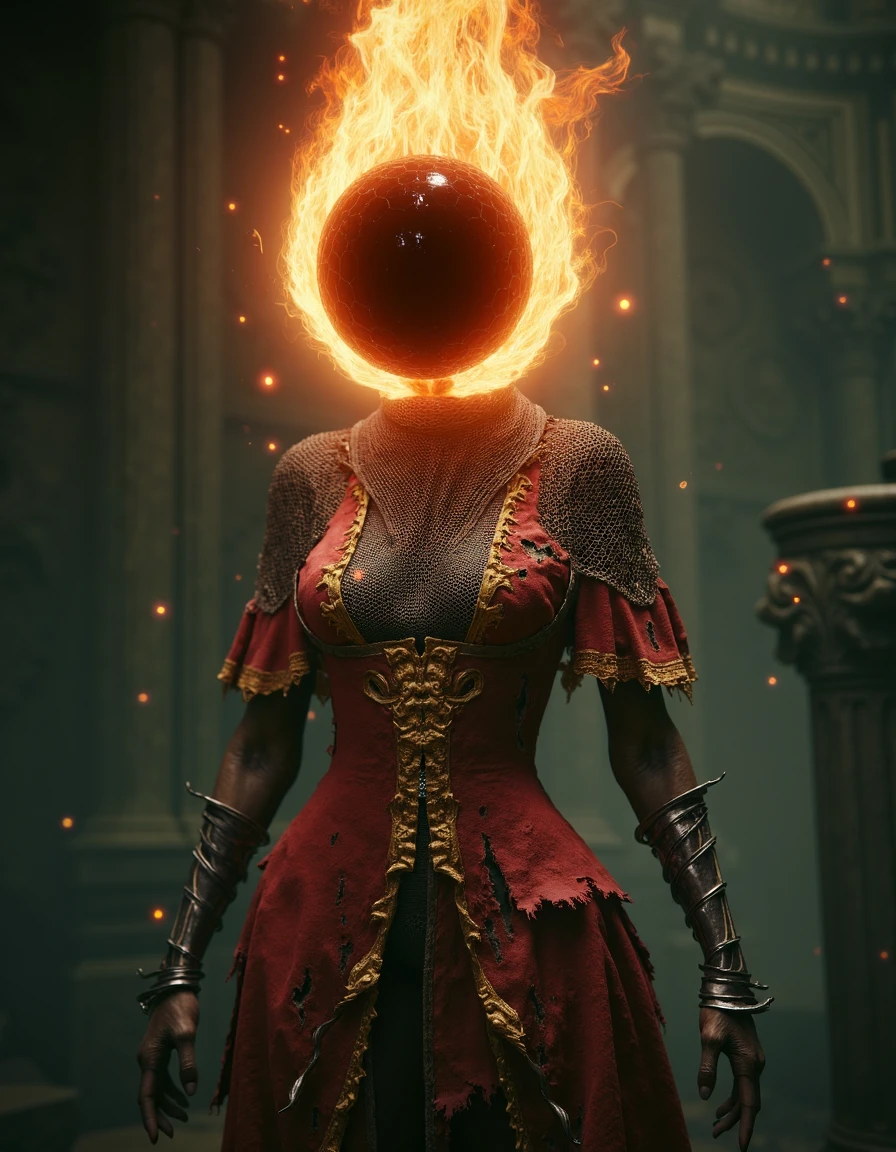 elden ring style, fantasy mythical creature with glowing orb similar to black hole for head and female body, orb is surrounded by glowing aura like flame, also orb is curved with glowing magical orbs, she is wearing ornate but torn and deformed  red dress with golden edges and damaged chainmail armor over dress, dark and eerie atmosphere, chromatic aberration and film grain, fantasy <lora:sxz-eldenring-aitoolkit-flux:1>