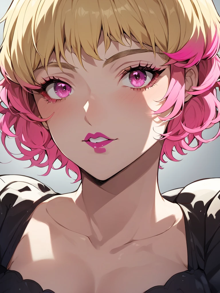 Sofia Louis, 1woman, source_anime, solo, (short hair, blonde hair, pink hair, multicolored hair, gradient hair), pink eyes, makeup, lipstick, pink eyes, blonde eyebrows, 