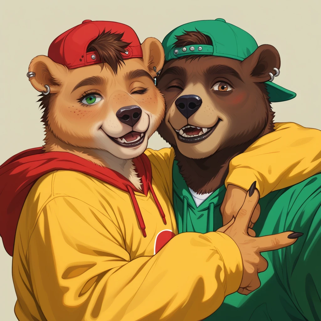 score_9, score_8_up, score_7_up, by rov, bear, 1boy, 1girl, hat, v, furry, backwards hat, one eye closed, green eyes, selfie, hood, smile, furry male, furry female, baseball cap, hoodie, piercing, arm around shoulder, yaoi, heads together, cheek-to-cheek, animal ears, looking at viewer, hug, brown eyes, shirt, arm around neck, simple background, freckles, fangs, upper body