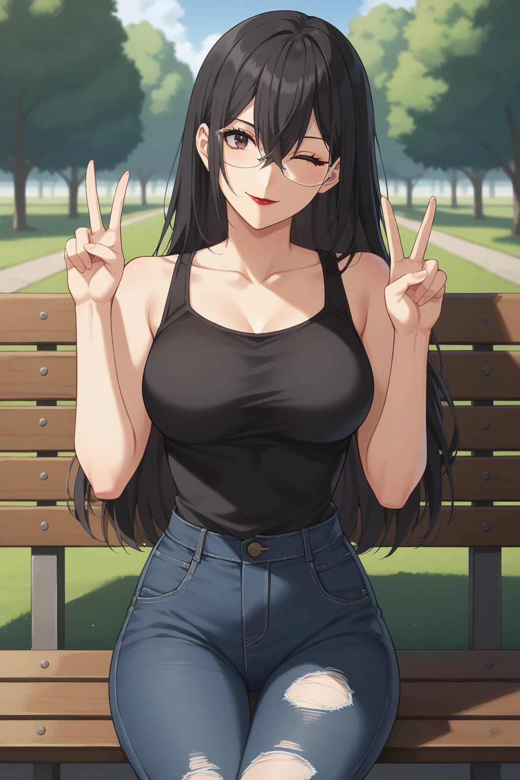 score_9, score_8_up, score_7_up, source_anime, 1girl, prefect lighting, very aesthetic, intricate details, highly detailed background, masterpiece, high quality, prefect hands, best quality, solo,
<lora:Mayuri_Hanyu_2.5_Dimensional_Seduction_V1:.85>, KJOmayuri, black hair, dark eyes, long hair, hair between eyes, glasses, red lips,
black tank top, jeans, torn legwear, 
sitting on bench, double peace sign, smirk, one eye closed, head tilt,
day, park, outdoors, 
(Beautiful, medium Breasts:1.2), natural breasts,