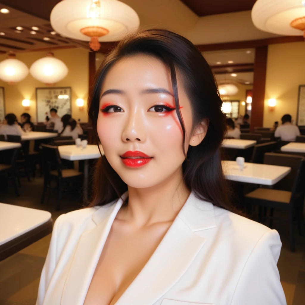 Amazing portrait of beautiful (asian, Japanese), woman in restaurant, elegant makeup, red lips, expressive eyes, elegant lighting,  professional photo,