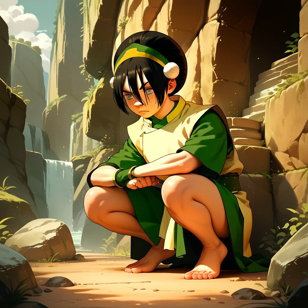 score_9, score_8_up, score_7_up, score_6_up, score_5_up, score_4_up, 1girl, Tophb, blind, rocky terrain, squatting, barefoot
