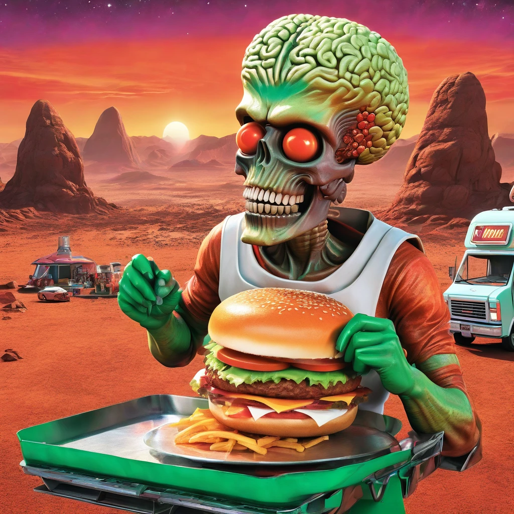 Mars attack working in a food truck, intricately detailed Martian wearing a chef's apron, alien hands skillfully assembling gourmet hamburgers, vivid green skin with large black eyes, futuristic food truck adorned with neon lights, set on a barren Martian landscape with red rocks and dusty terrain, vibrant sunset casting an orange glow, energetic and bustling atmosphere, comic book style with bold lines and