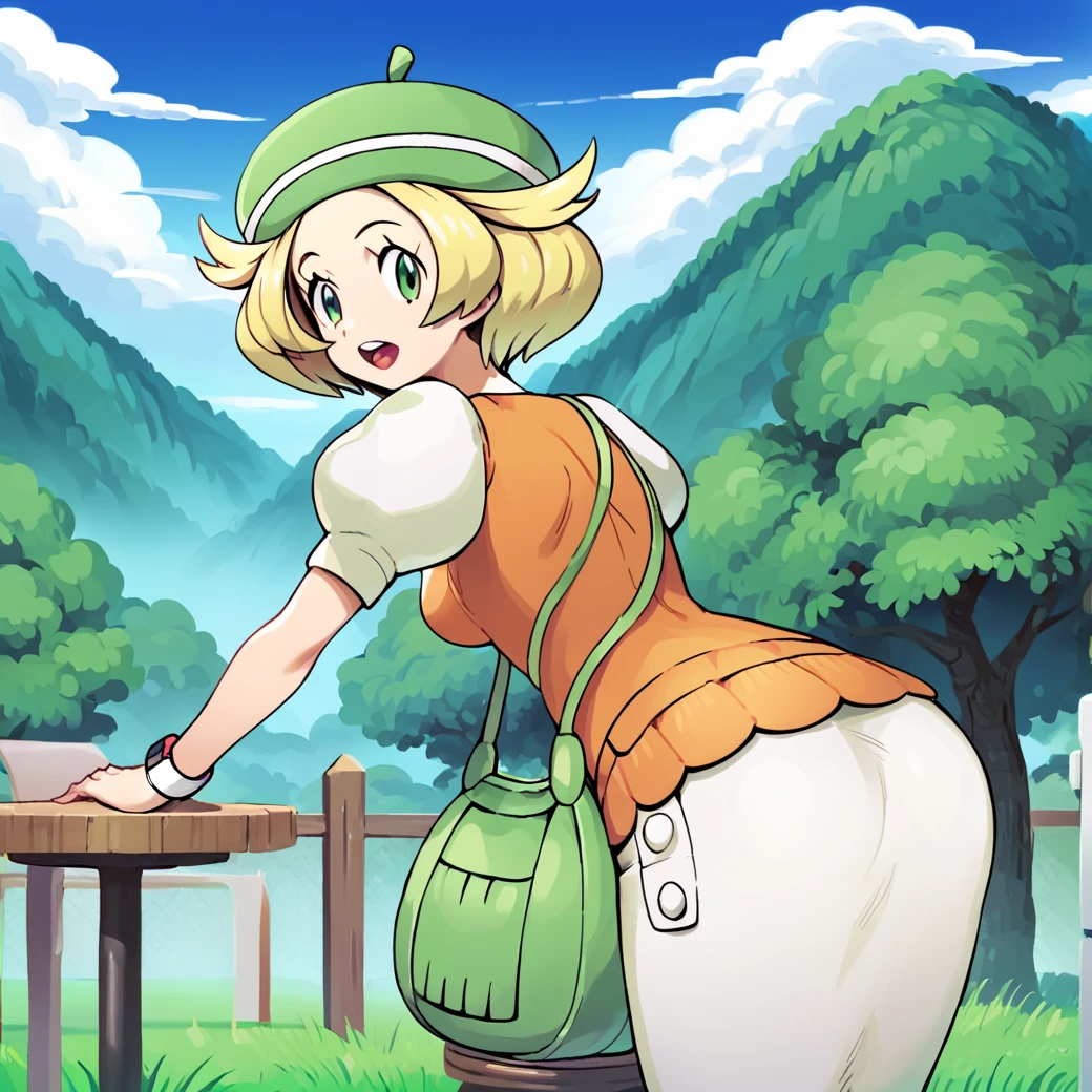 score_9, score_8_up, score_7_up, score_6_up, score_5_up, score_4_up,  <lora:Bianca_Pokemon_BW1:1>, bianca \(pokemon\), bianca \(pokemon\), 1girl, solo, breasts, looking at viewer, open mouth, skirt, hat, dress, ass, short sleeves, pantyhose, outdoors, sky, teeth, day, tongue, puffy sleeves, looking back, cloud, bag, :o, tree, blue sky, upper teeth only, white skirt, grass, wristband, handbag, shoulder bag, fence, green headwear, stool, orange pantyhose, green bag, orange vest, green eyes, blonde hair, beret, puffy short sleeves, short hair