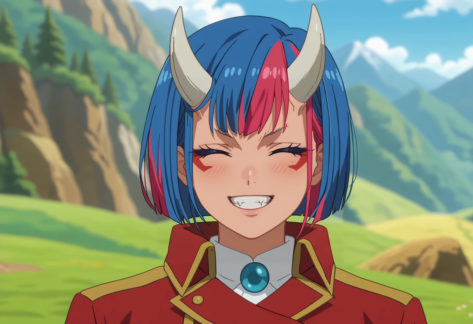 score_7_up, anime screencap,
<lora:TenSura_GobwaXL:0.9>, GobwaTS,
1girl, solo, smile, grin, teeth, blush, close-up
short hair, multicolored hair, blue hair, pink hair, closed eyes, white horns, facial mark, fangs,
red jacket,
blurry background, outdoors, mountain, scenery, blue sky