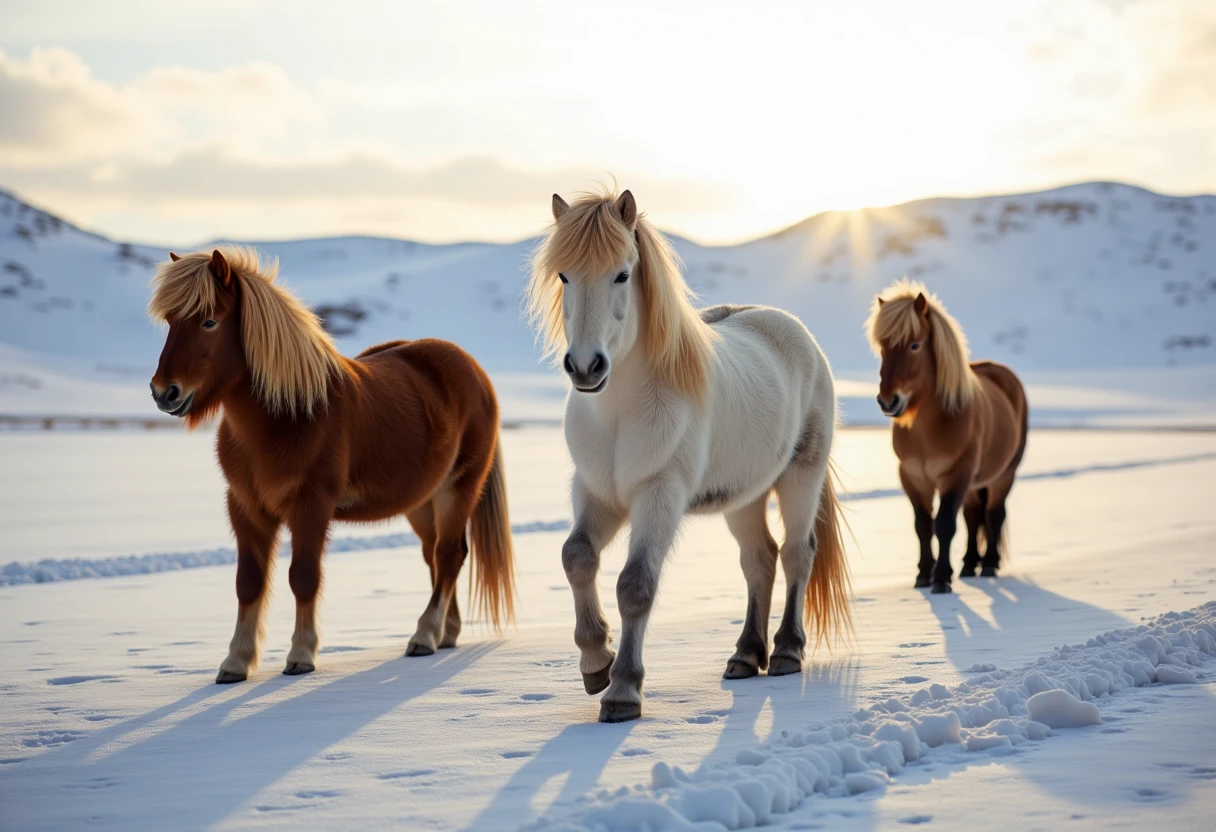 A small group of Icelandic horses running in a snowfield. 8k, highly detailed, ultra realistic, winter sun. Background is Icelandic landscape.