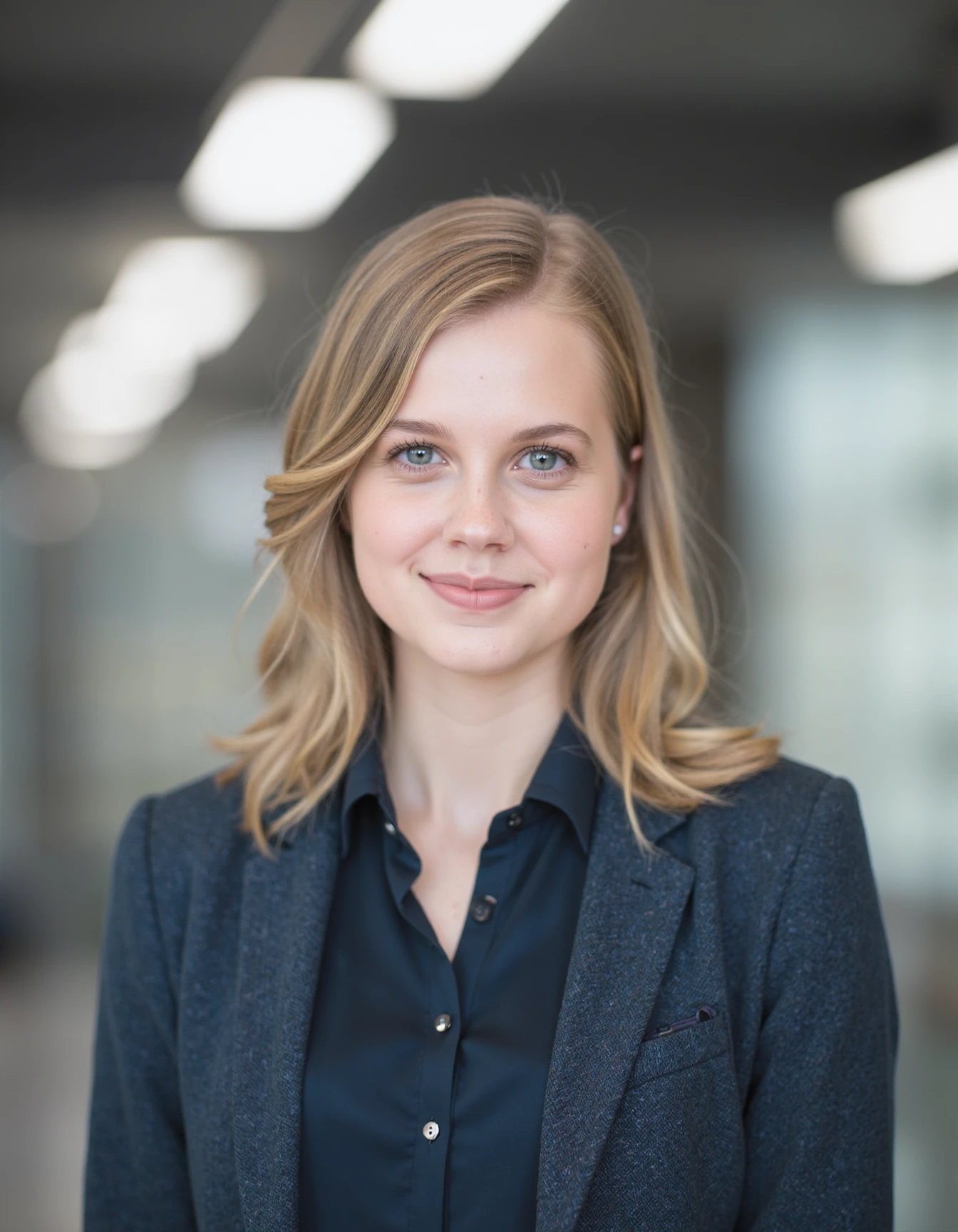 Mid-shot portrait of a woman angourie r1ce in an hi tech office with blazer and a shirt under   <lora:angourie_rice_flux_lora_v1_000002800:1>