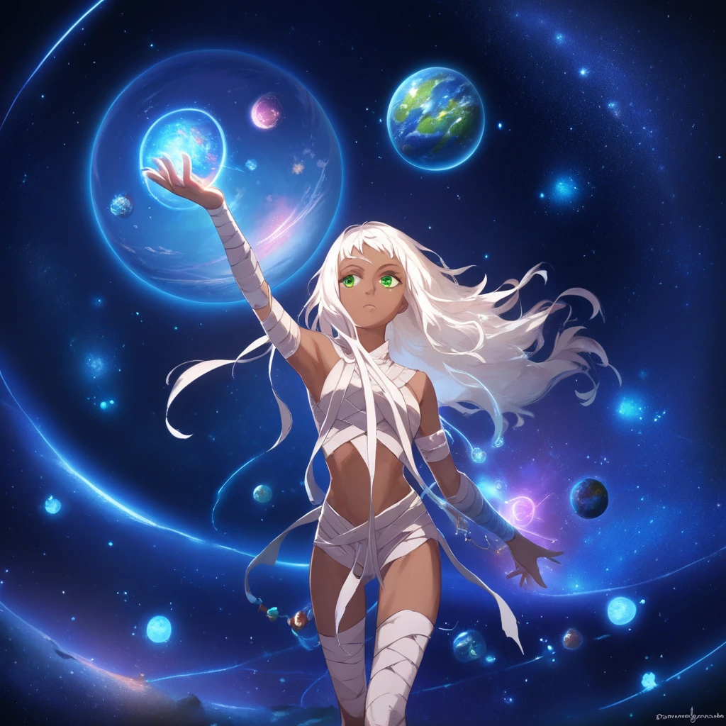 score_9, score_8_up, score_7_up, nephthys, toaru, 1girl, solo, dark skin, dark-skinned female, bandages, white hair, long hair, arm up, planet, magic, space, green eyes