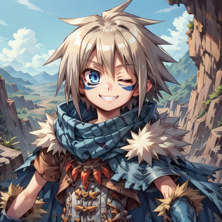 (score_9, score_8_up, score_7_up, score_6_up), source anime, BREAK, solo, <lora:Milanor:0.75> , miladef, 1boy, grey hair, spiked hair, blue eyes, blue facial mark, fur trim, blue cloak, white corset, (upper body),  exterior, outdoors, day, canyon, mountains, cliffs, valleys, wasteland, standing, closed mouth, smug grin, playful, mischievous, head tilt, <lora:zy_Detailed_Backgrounds_v1:0.5> , detailed background, highly detailed,   <lora:backgroundsetXL:0.4> , background, looking at viewer, one eye closed,  <lora:cr33pXLP:0.7> , cr33p,