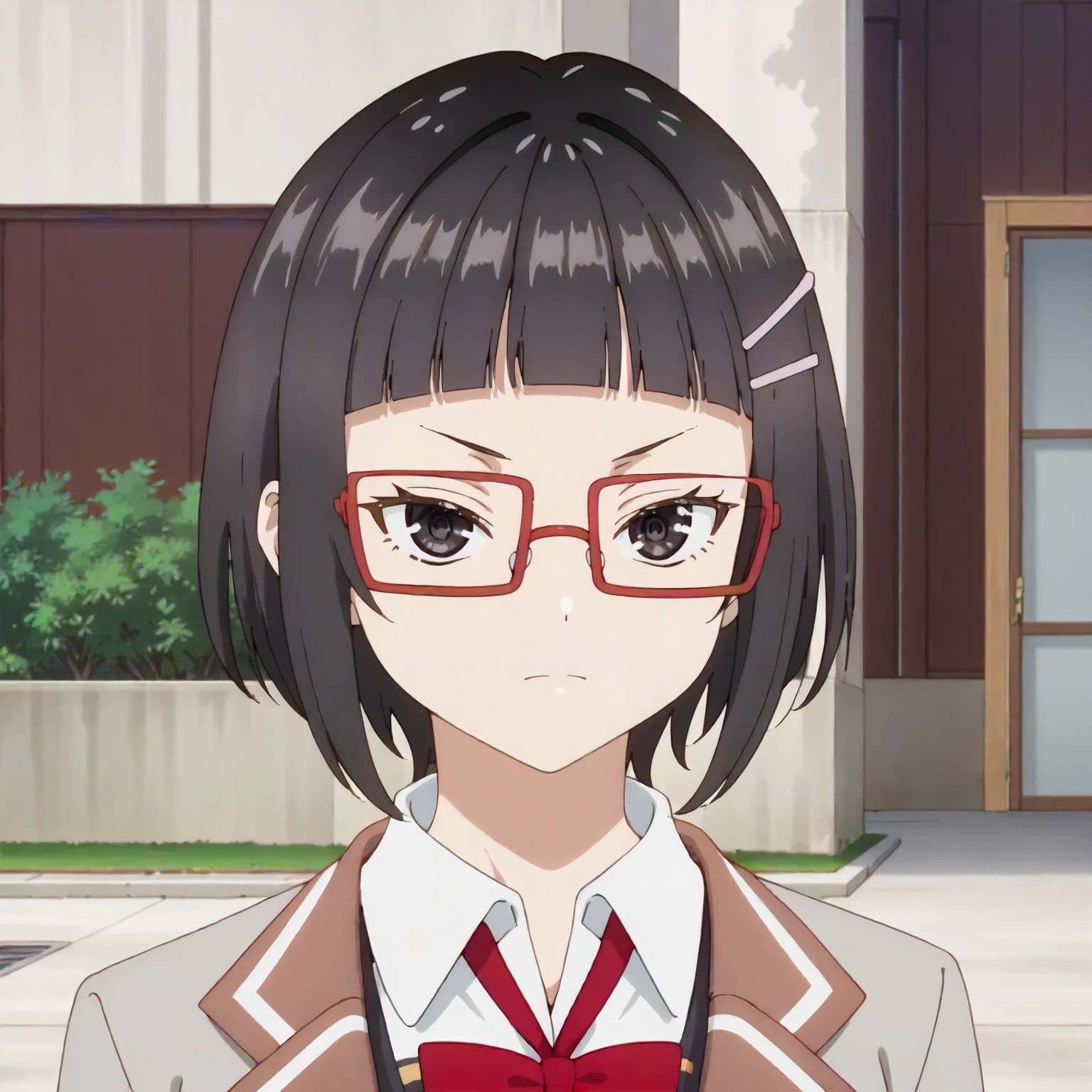 <lora:ASHHFiR_SayakaTaniyamaXLpony004>,
outdoors,
solo,
SayakaTaniyama,1girl,black hair,short hair,black eyes,red eyewear,hairclip,
school_uniform,gray jacket,red ribbon tie,open jacket,
black socks,
upper body,
standing,