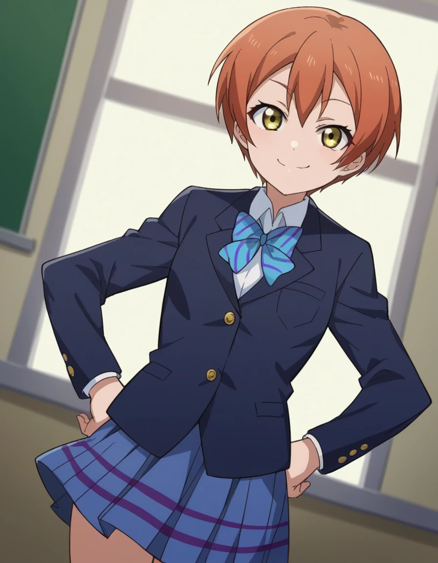 score_9, score_8_up, score_7_up, source_anime, <lora:rin-hoshizora-s1-ponyxl-lora-nochekaiser:1>, rin hoshizora, short hair, jacket, yellow eyes, orange hair, pixie cut,, skirt, school uniform, jacket, blazer, winter uniform, otonokizaka school uniform,, indoors, smug, smile, looking at viewer, solo, hands on hips,, cowboy shot, dutch angle