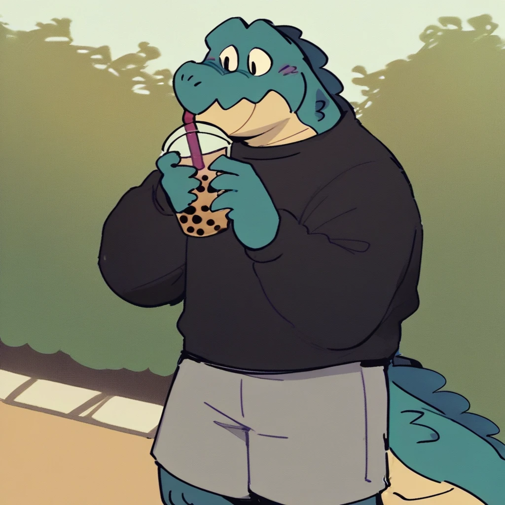 score_9_up, score_8_up, score_7_up, source_furry, Duncan, anthropomorphic crocodile, crocodile, dark teal color, dark teal body, bigger build, furry male, furry, 1boy, solo, black sweater, gray shorts, holding, bubble tea, in park, park