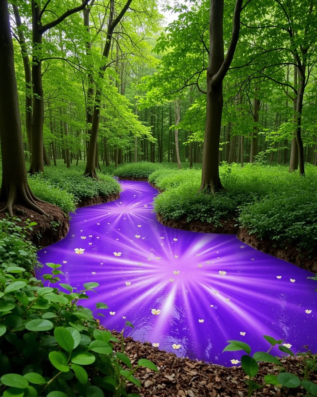 WRDCR photo, serene nature scene, a small pond or stream with a starry purple surface, lush green foliage and trees surrounding the water, hints of brown earth peeking through the vegetation, an idyllic and tranquil outdoor setting, dreamy and ethereal purple water contrasting with the vibrant greenery