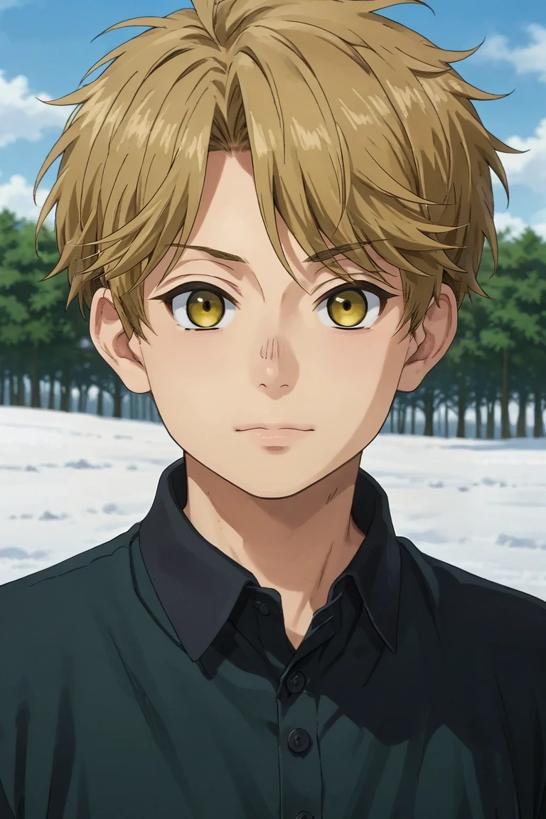 score_9, score_8_up, score_7_up, source_anime, rating_safe, intricate details, , looking at viewer, , 1boy, solo, male focus, <lora:yuuma_nikaidou_pony:0.74>, yuuma_nikaidou, blonde hair, yellow eyes, short hair, symmetry, snowy field, light, waving, wavy mouth, , <lora:sdxl_lightning_8step_lora:1>