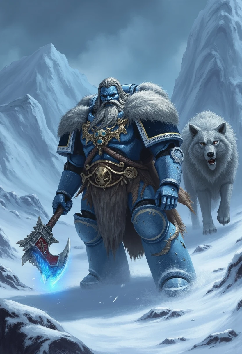 In the frozen wastelands of a desolate ice world, a Space Wolves Space Marine stands resolute, captured in stunning photorealism. His frost-covered power armor is rendered with meticulous detail, showcasing the intricate designs and pelt-covered shoulders that define the Space Wolves. The Marine's long, braided hair and beard are streaked with silver, each strand visible in the icy wind that howls across the tundra. His piercing, lupine eyes, full of primal intensity, are locked onto the horizon as he grips a frost axe, its blade shimmering with an otherworldly, icy blue glow. The photorealistic style brings out the harsh, unforgiving landscape, with jagged ice cliffs and a stormy sky overhead, every detail of the snow and frost rendered with lifelike clarity. Behind him, a massive Thunderwolf stands guard, its fur rippling in the wind, captured in a way that highlights the raw power and ferocity of both warrior and beast. The image exudes a sense of indomitable strength and survival, perfectly at home in this brutal, frozen environment.