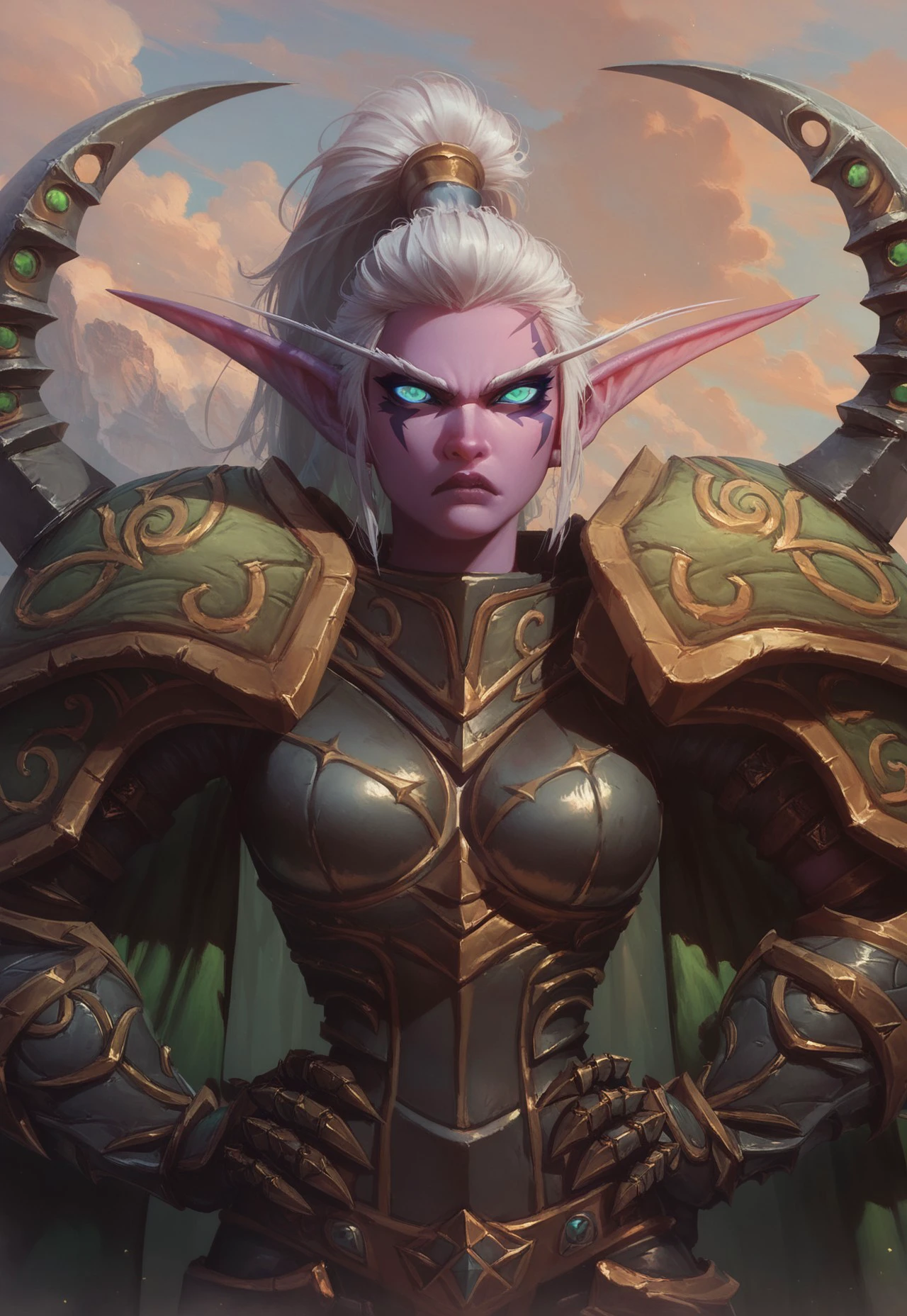 score_9, score_8_up, score_7_up, ultra quality, 1girl, Maievxl, night elf, green eyes, green cape, fur trim, pointy ears, white hair, ponytail, face markings, upper body, shoulder armor, gauntlets, armor, confident pose, hands on hips, angry, looking at viewer, outdoors