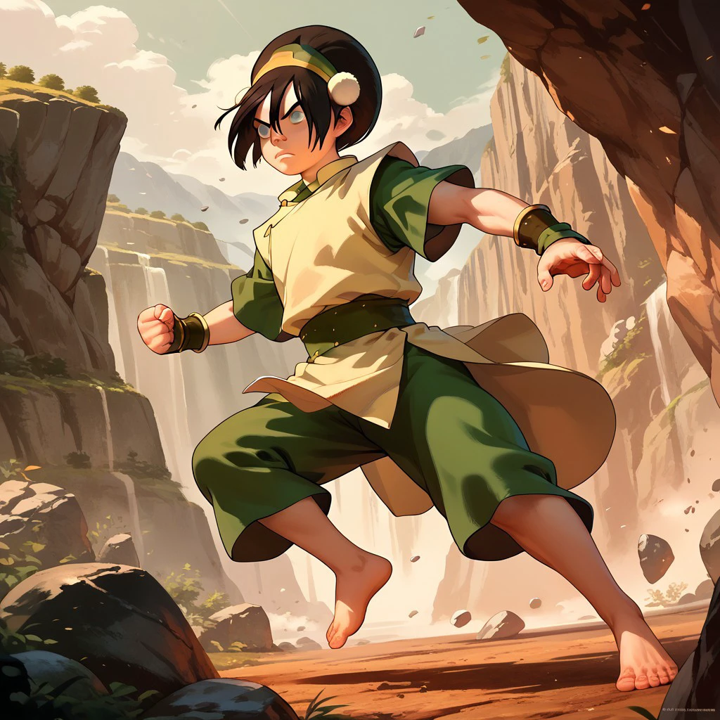 score_9, score_8_up, score_7_up, score_6_up, score_5_up, score_4_up, 1girl, Tophb, blind, rocky terrain, fighting stance, barefoot, surrounded by flying boulders