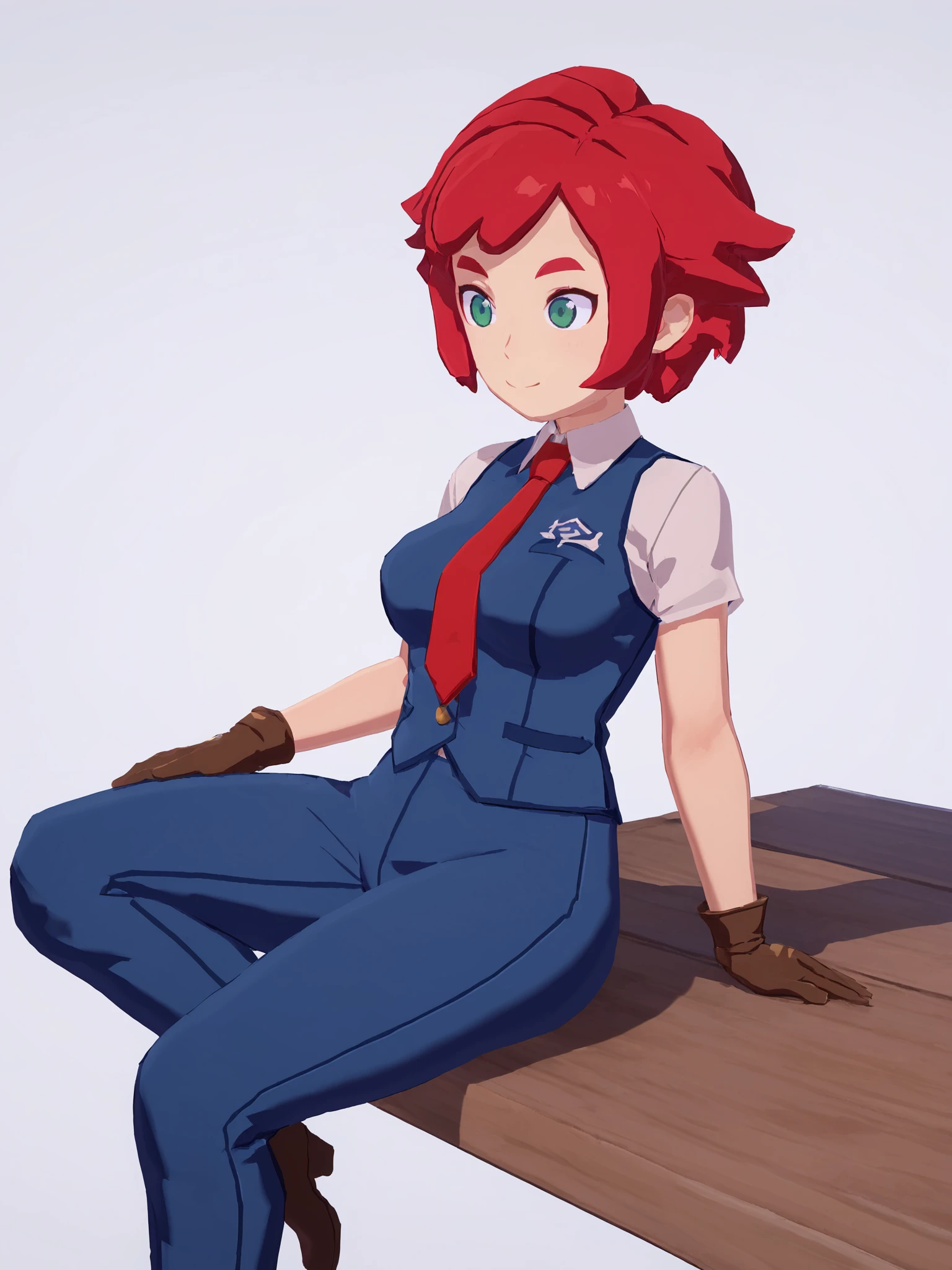 score_9, score_8_up, score_7_up, score_6_up, BREAK white background, <lora:Mika_TheWitch_PDXLv0.1:0.8> 1girl, mika, outfit2, red hair, green eyes, blue vest, white collar shirt, red necktie, blue pants, brown gloves, brown footwear, aged up, medium breasts, adult